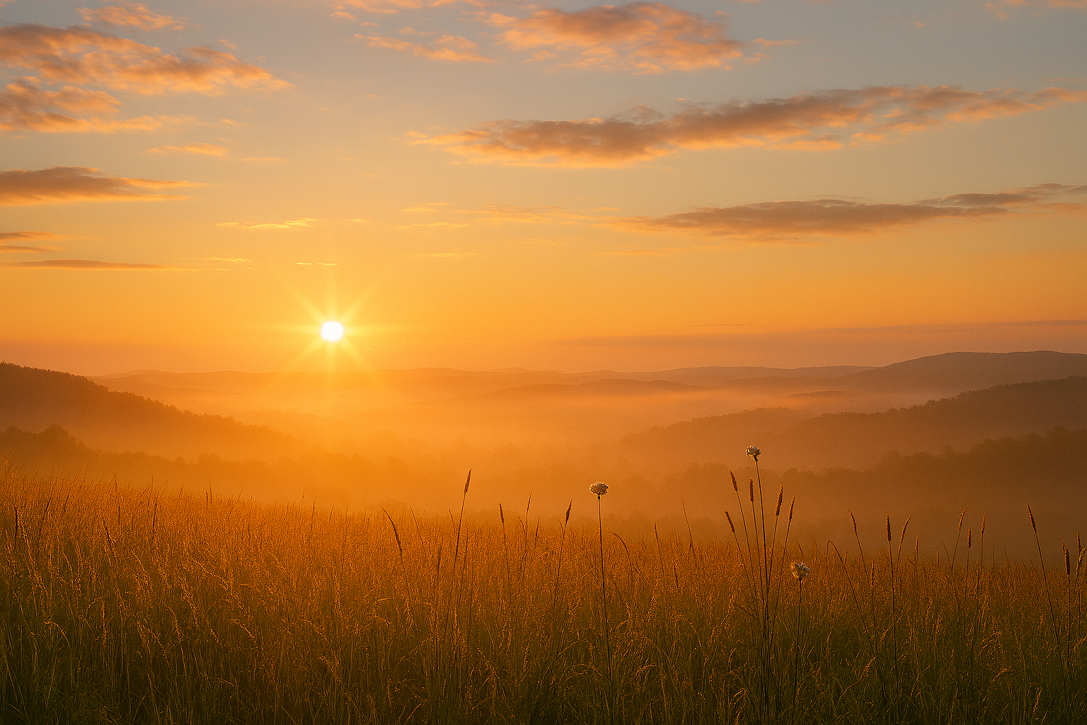Sunrise over a grassy field with hills in the distance and a few clouds in the sky.