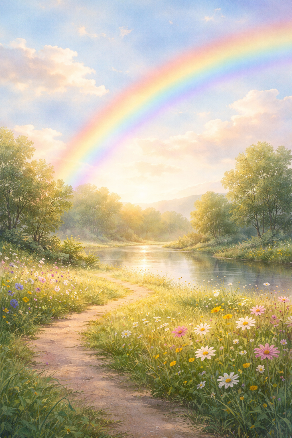 A scenic landscape featuring a rainbow in the sky over a river, with trees and wildflowers along the riverbank during a bright, sunny day.