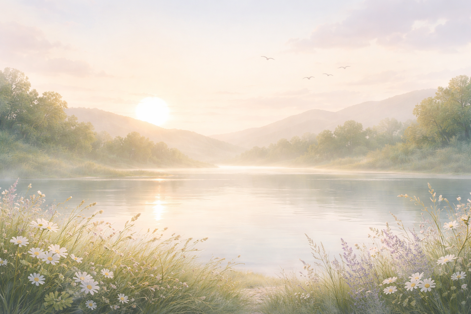 Sunrise over a calm river with mist, surrounded by green trees and mountains, with flowers in the foreground and birds flying in the sky.