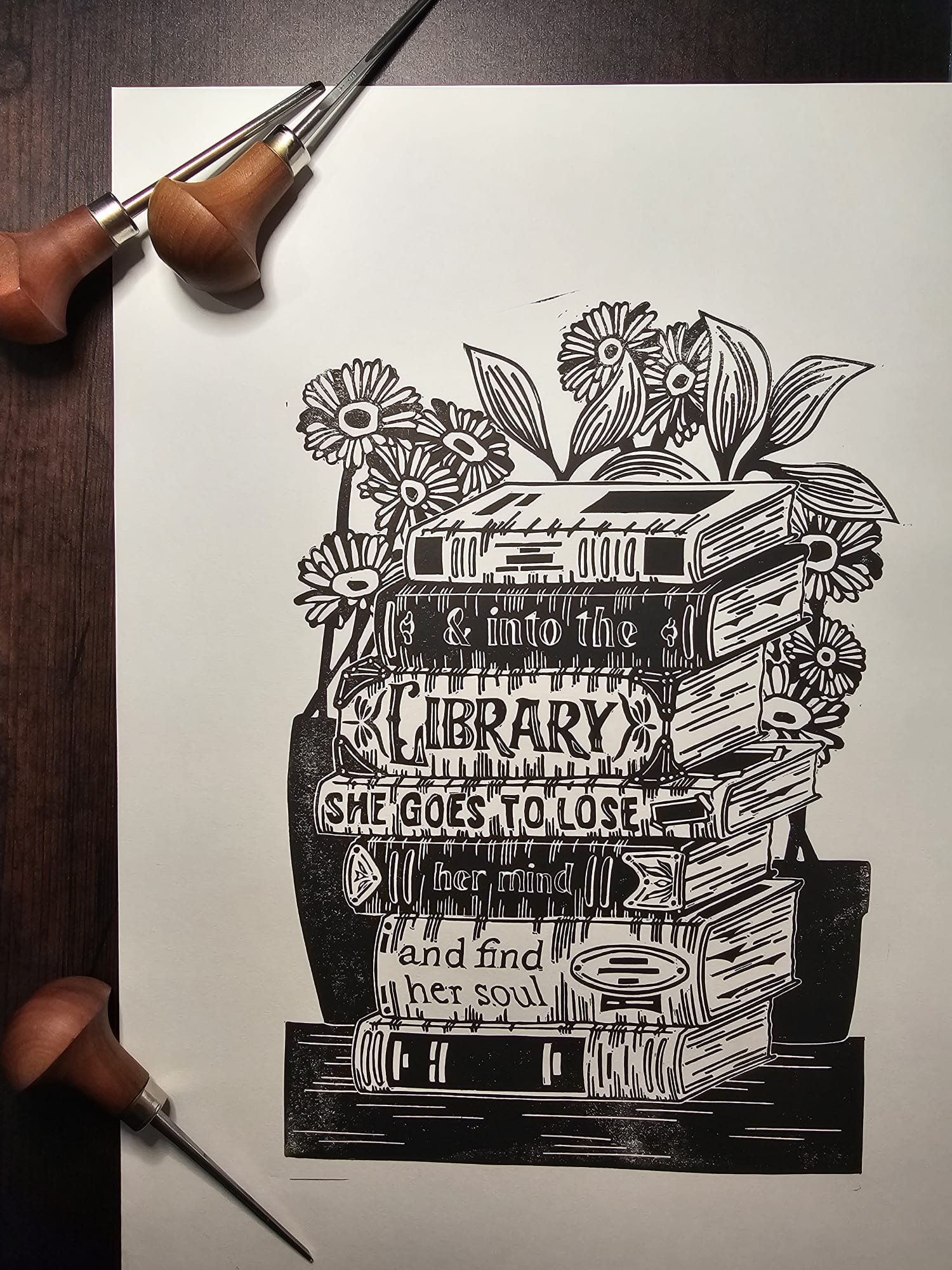 Into the Library Lino Print