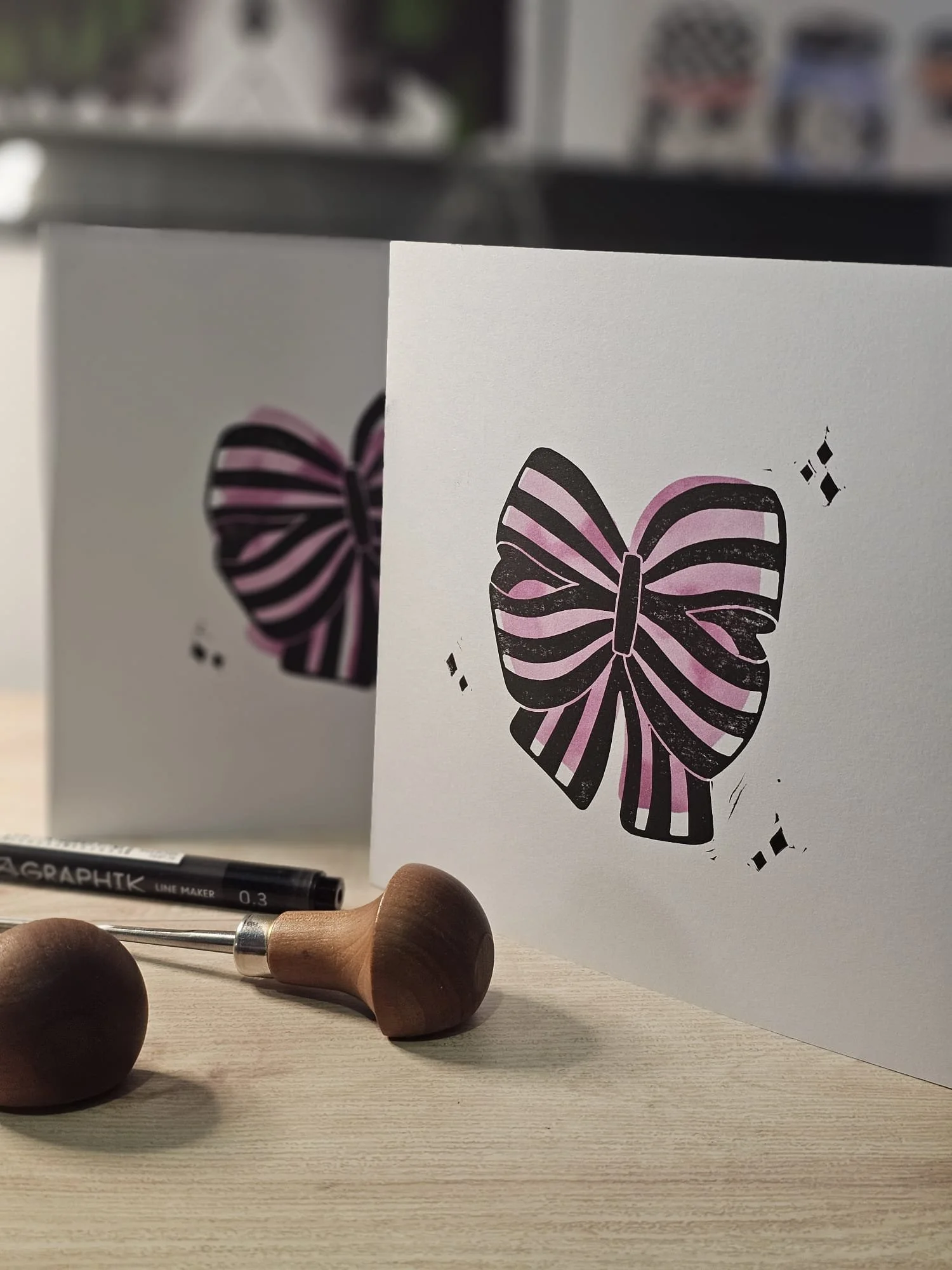 Bow Lino Print Greetings Card