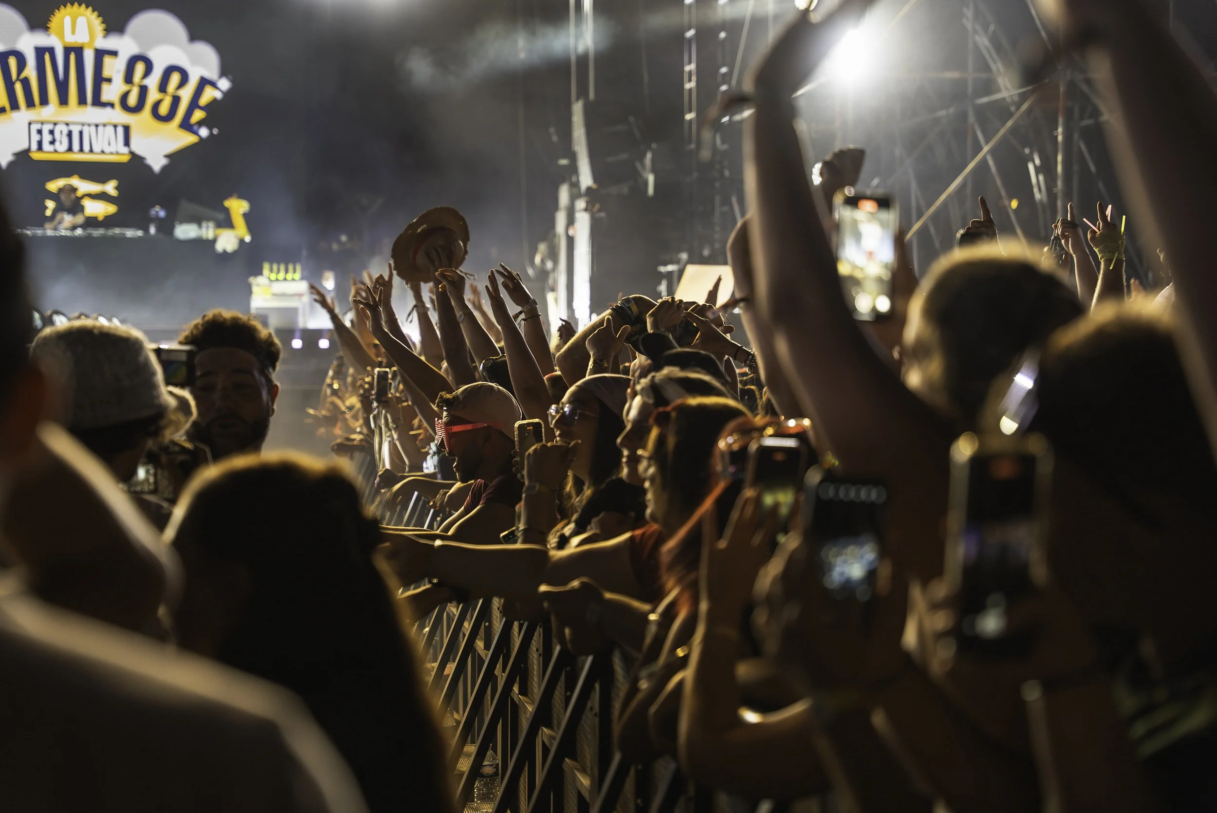 Concert avec une foule de spectateurs levant les mains, certains tenant leurs téléphones, devant une scène avec le logo 'L'ARMEE 89Festival' en arrière-plan.