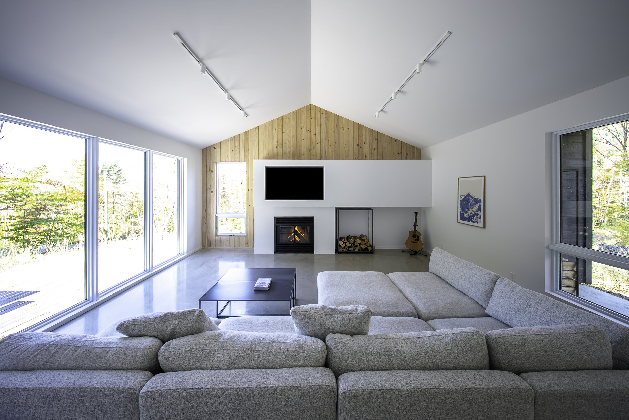 Salon moderne avec grand canapé gris clair, cheminée, télévision, fenêtres panoramiques donnant sur la nature, panneau en bois clair sur le mur, guitare acoustique et peinture sur le mur.