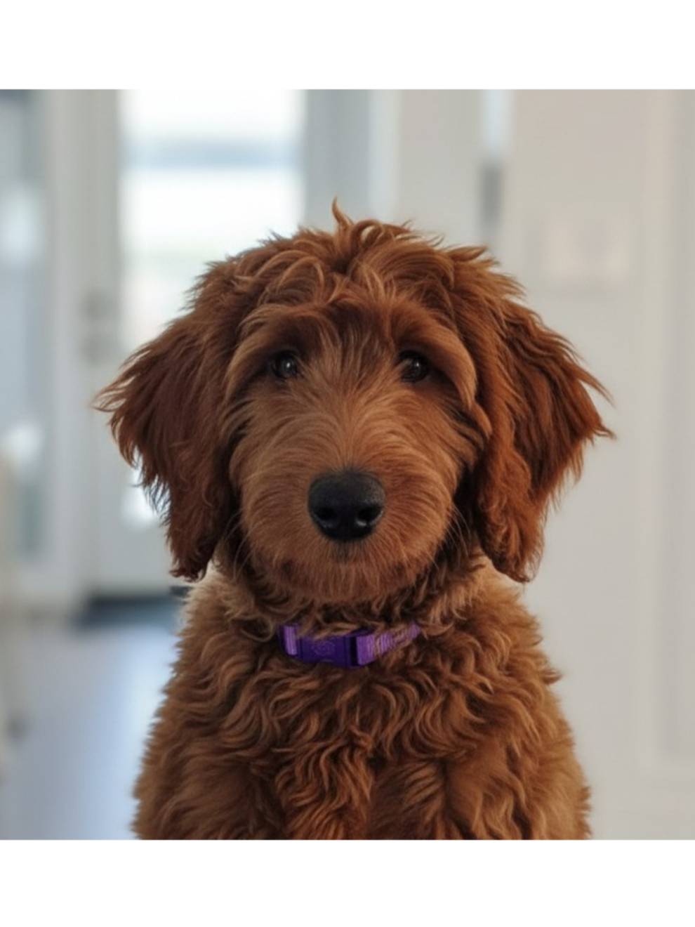 A close-up image of a fluffy, reddish-brown puppy with a purple collar, sitting indoors with a blurred background.