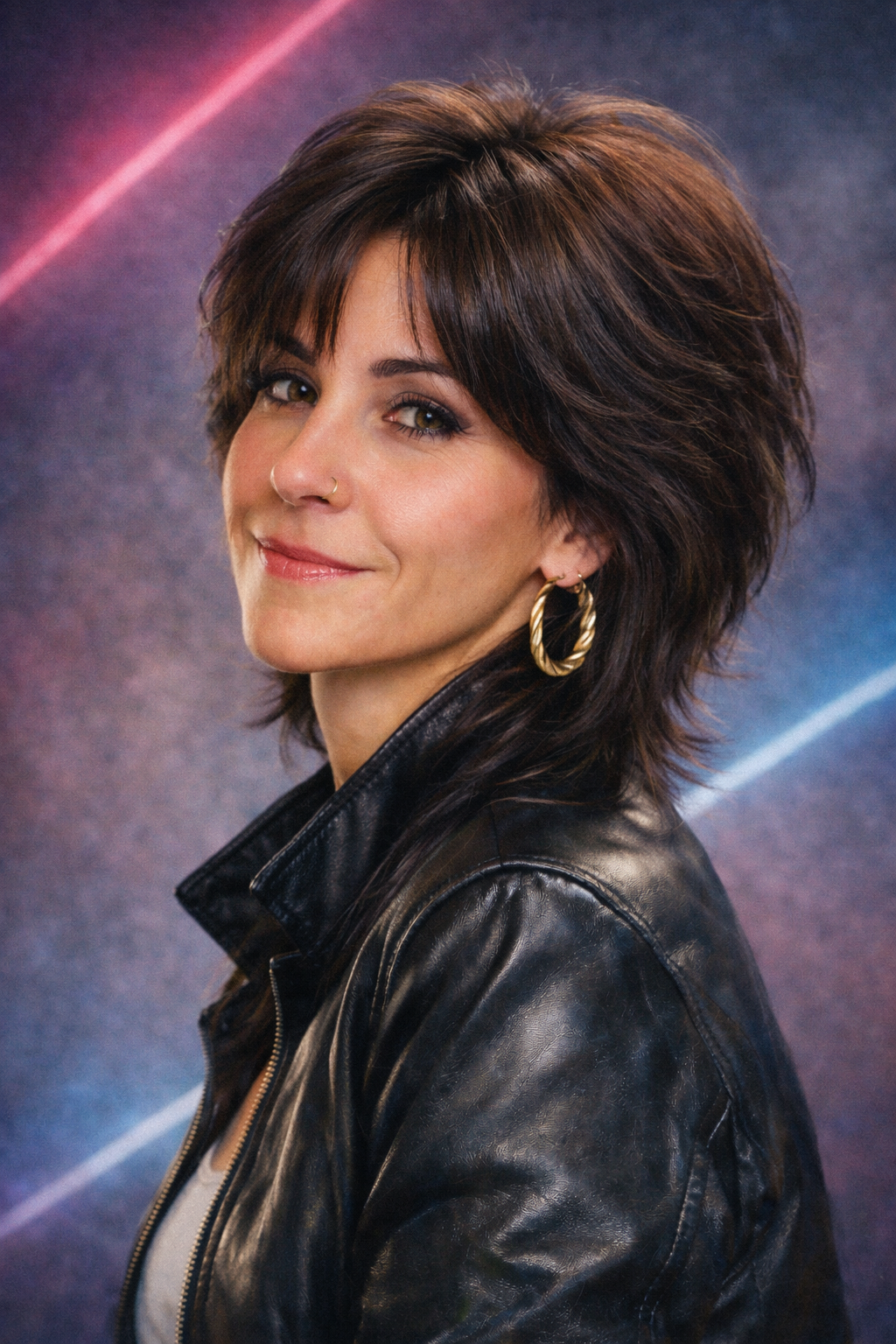 A woman with short, layered dark brown hair and green eyes, wearing gold hoop earrings, a nose ring, a leather jacket, and a white top, smiling at the camera against a colorful, abstract background.