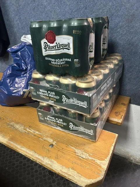 Cases of Pilsner for after the game
