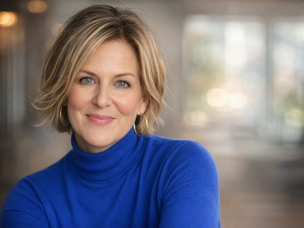 A woman with blonde hair wearing a blue turtleneck sweater smiling at the camera with a blurred indoor background.
