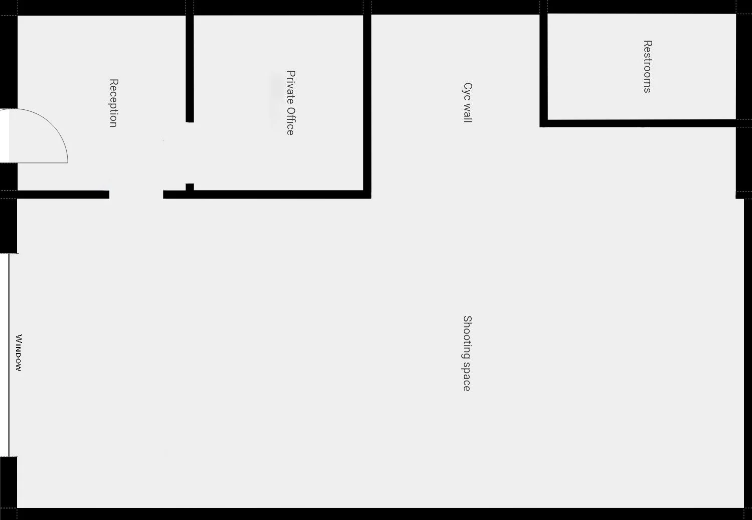 Floor plan with labeled rooms including reception, private office, CCTV wall, restrooms, and a shooting space.