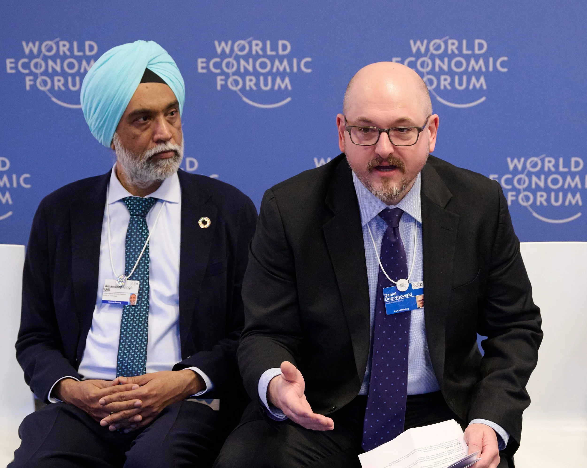 Daniel facilitating a Davos session with the UN Secretary General's Tech Envoy