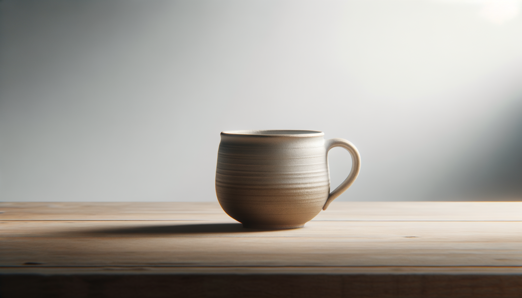 A beige ceramic coffee mug with horizontal ridges sits on a wooden table, illuminated by soft natural light, with a plain light-colored background.