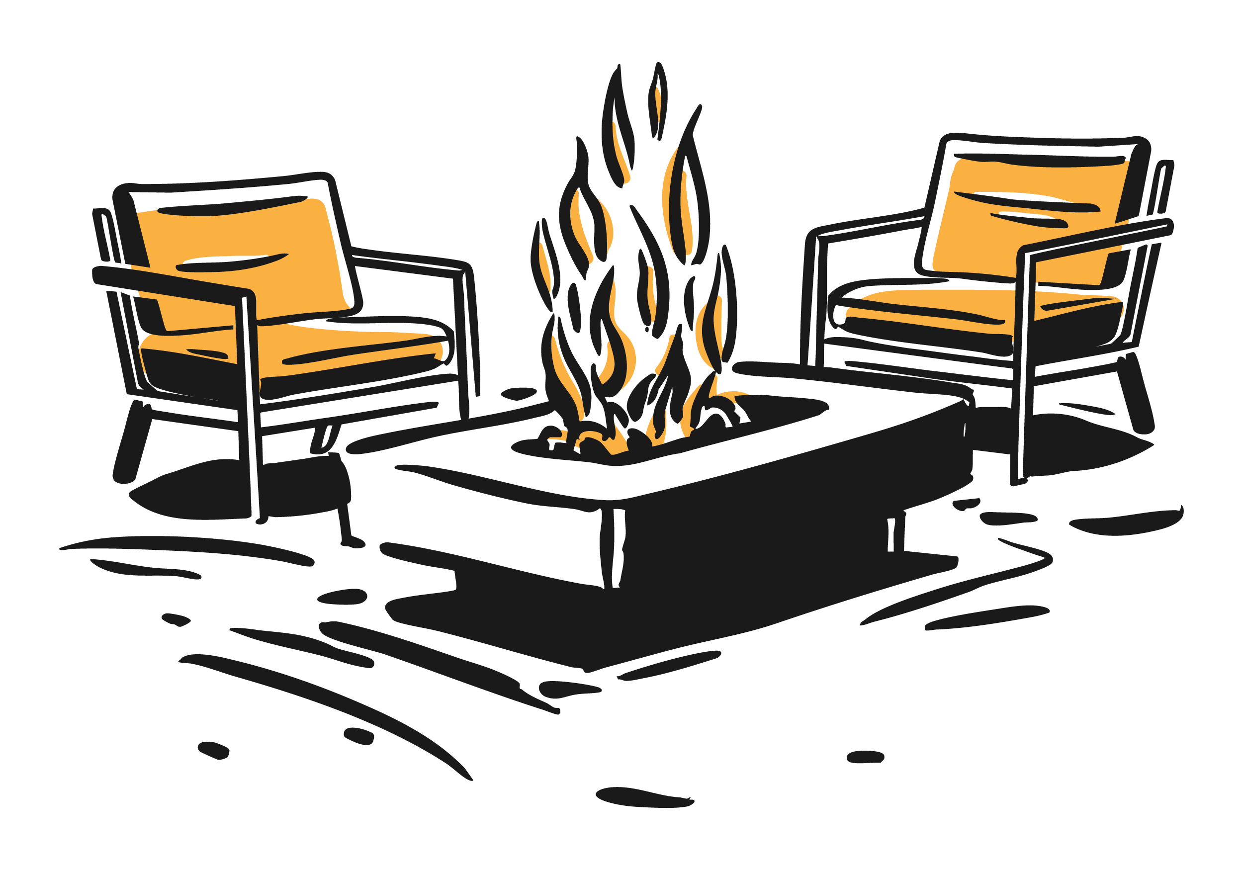 Illustration of a cozy outdoor fire pit with two chairs.