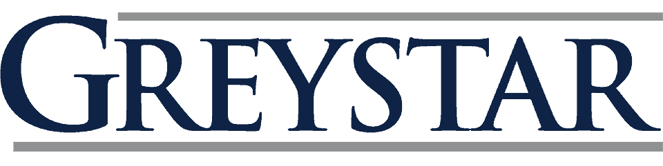 The Greystar logo in dark blue letters with two gray lines above and below the name.