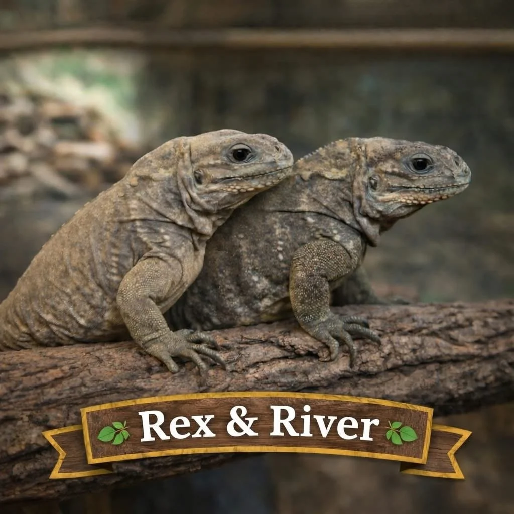 Two land iguanas sitting on a log with a blurred natural background. There is a wooden sign at the bottom that reads 'Rex & River' with decorative green leaves.