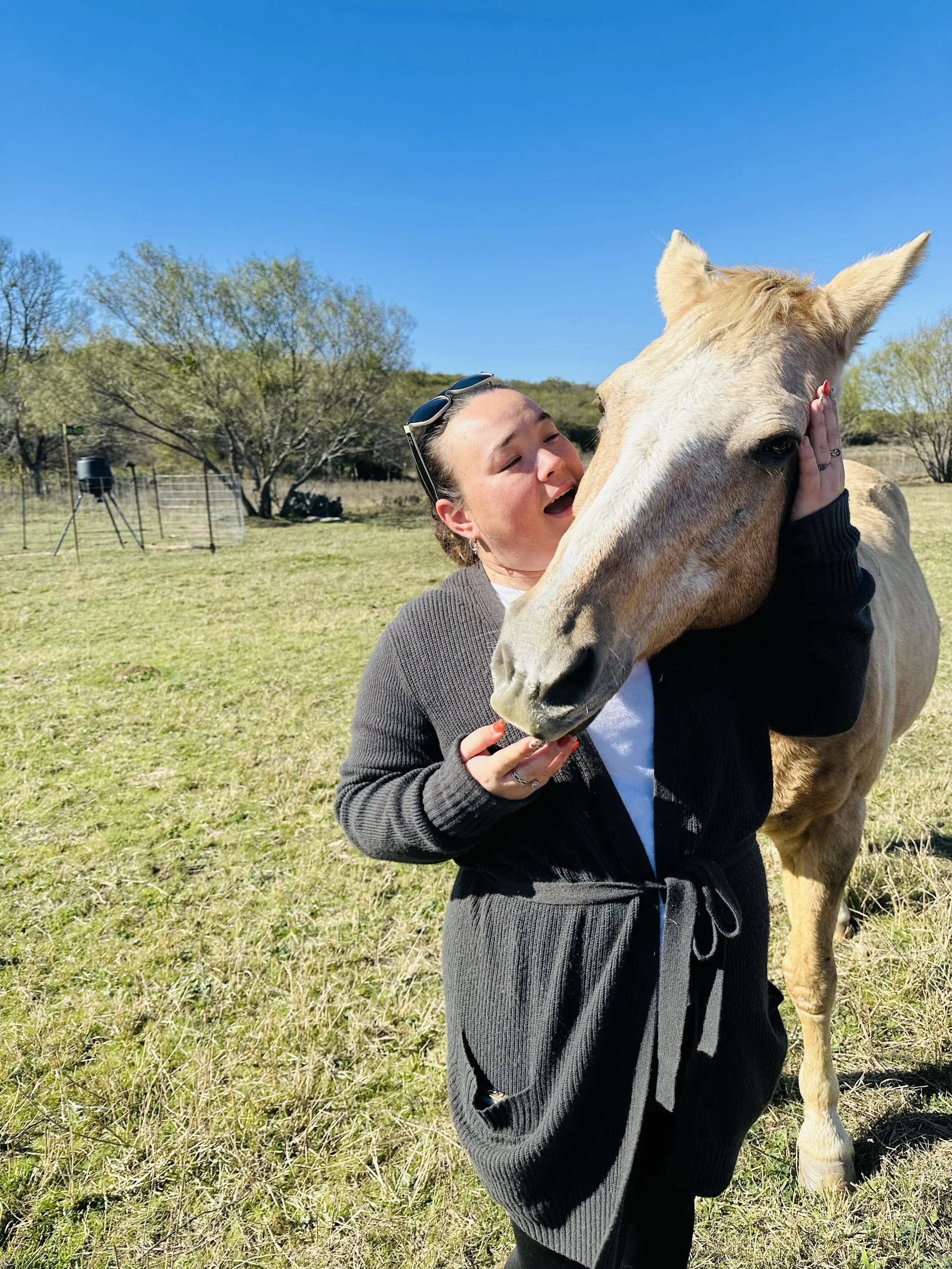 A woman hugging a light-colored horse outdoors on a sunny day with clear blue sky.