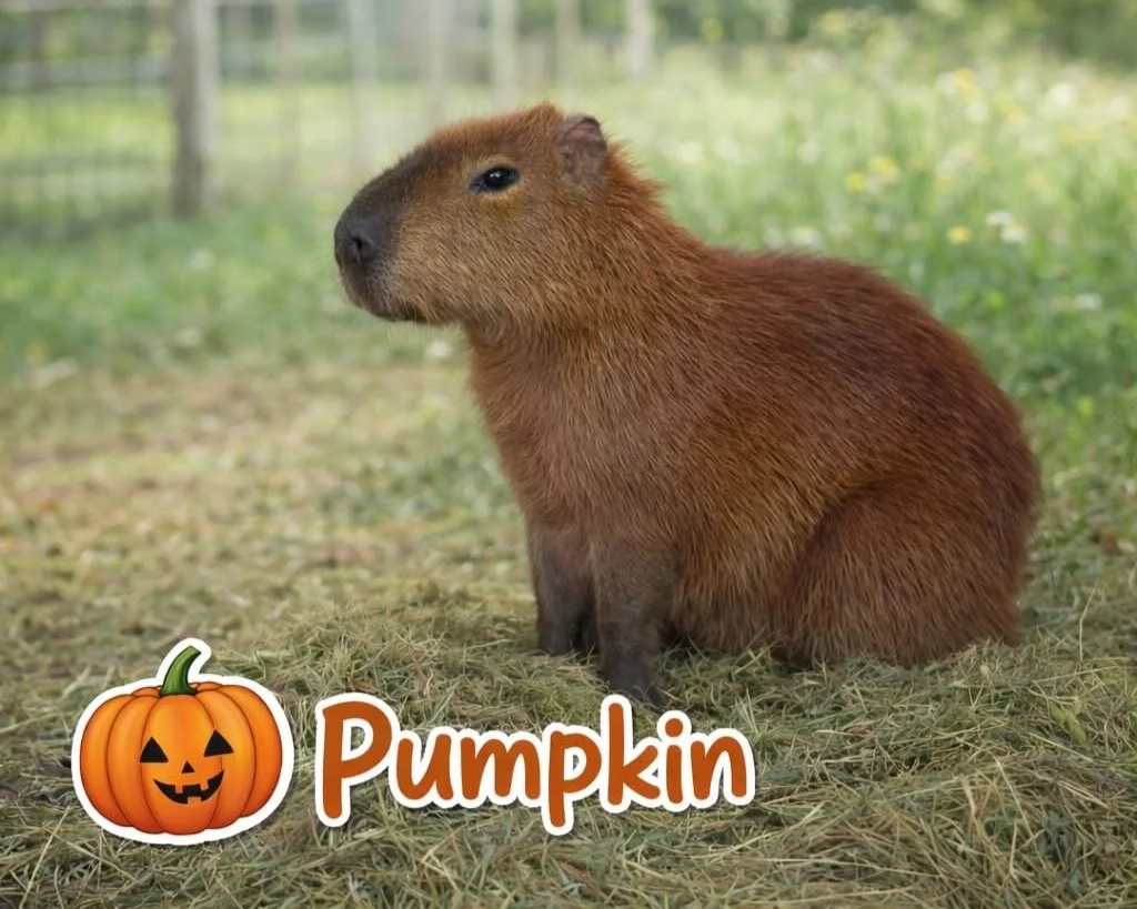 A capybara sitting on grass with a blurred outdoor background, a pumpkin icon with a carved face, and the word 'Pumpkin' in orange and white letters.
