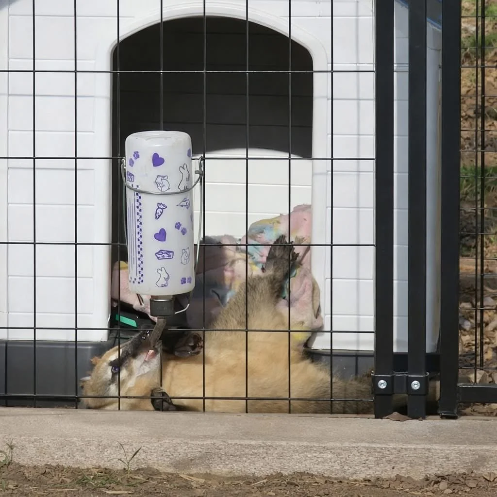 Two small puppies inside a pet crate playing with each other, with one puppy lying inside the crate and the other puppy reaching over the edge.