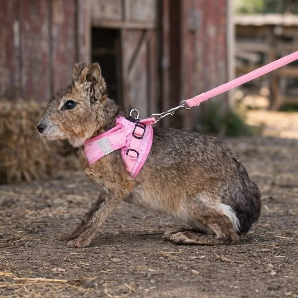 A baby wallaby wearing a pink harness and leash, sitting outdoors on dirt with a wooden structure in the background.