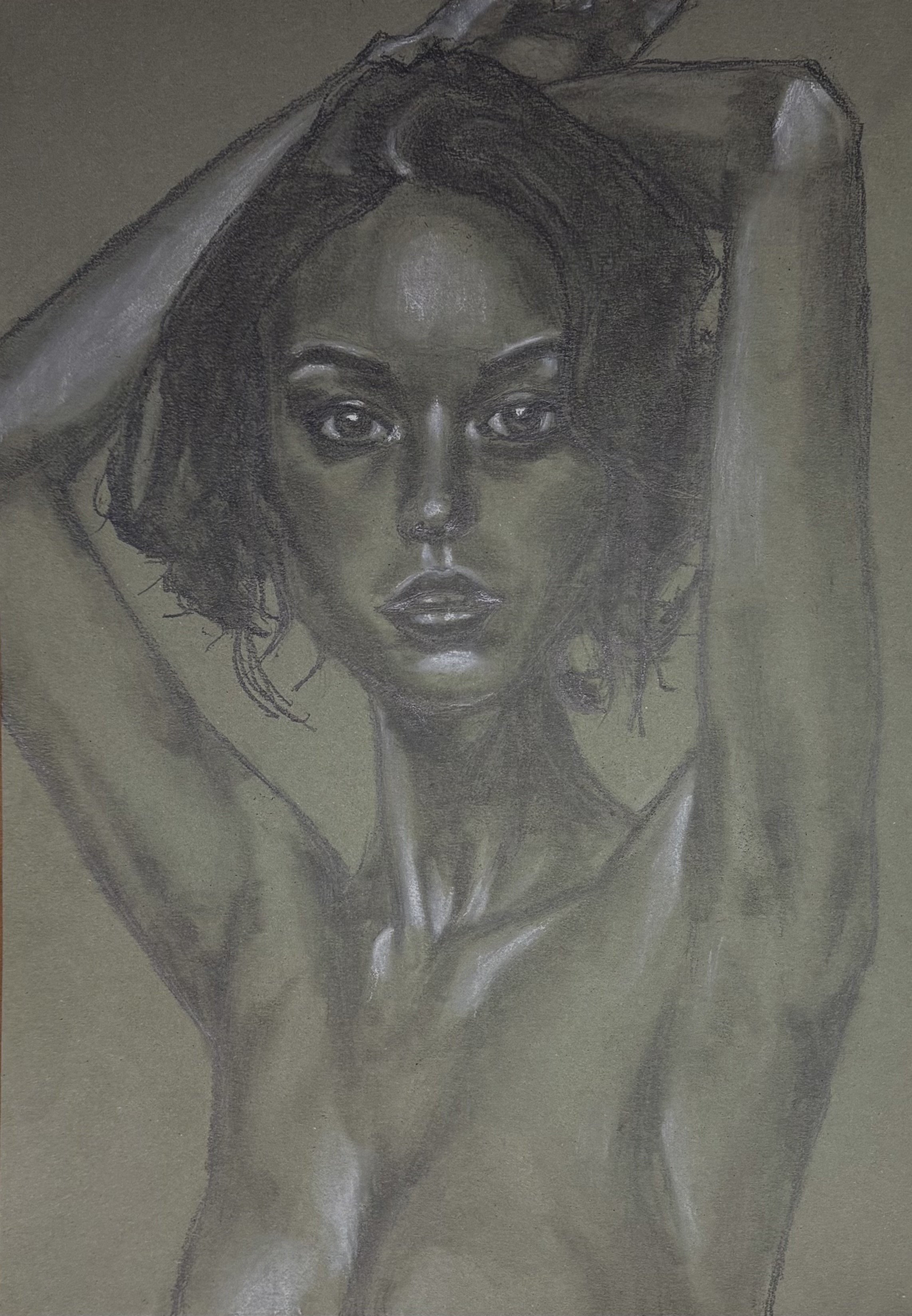 Drawing of a woman with dark, curly hair, looking directly at the camera, with one arm raised above her head, on textured paper with muted tones.
