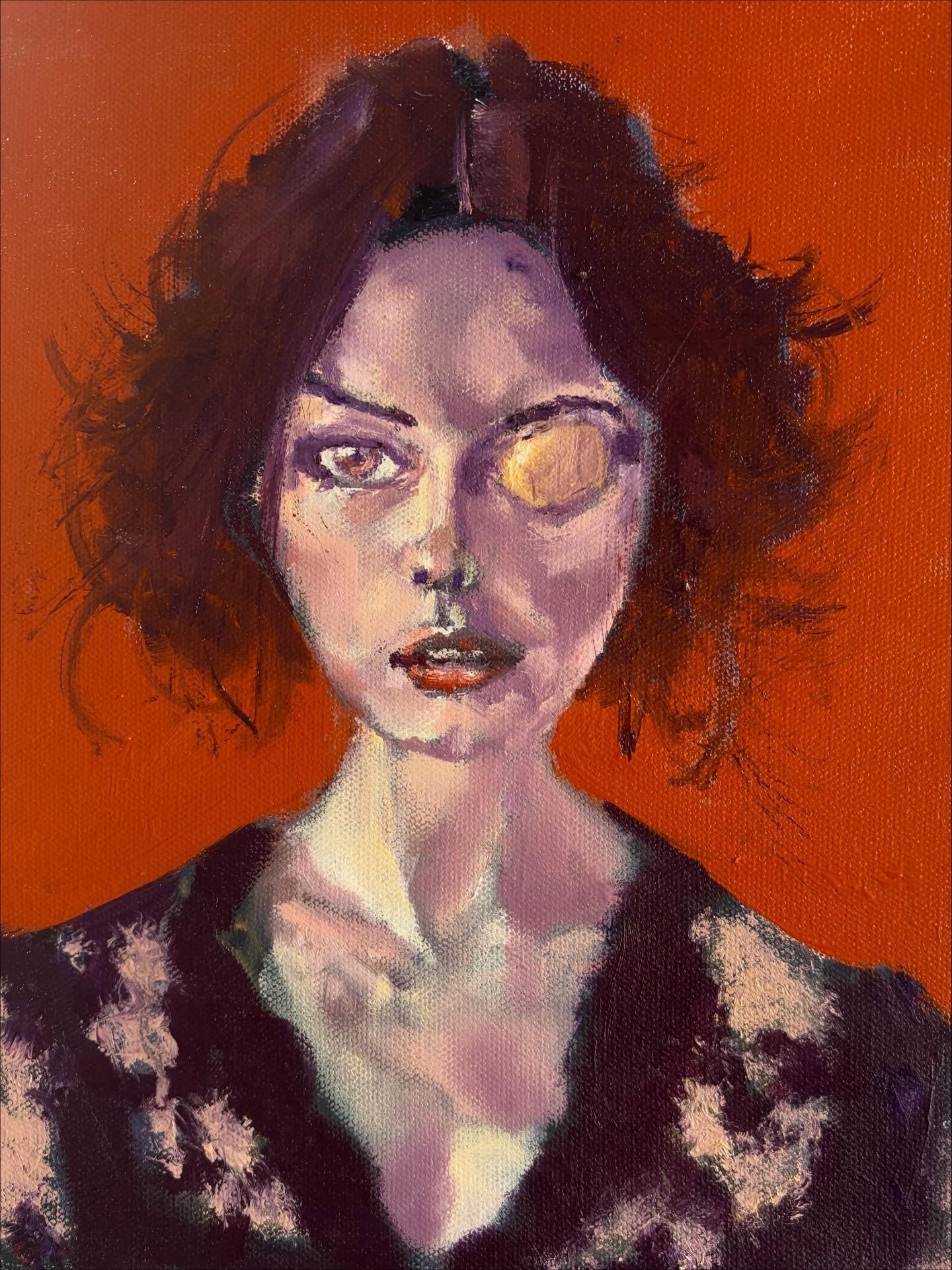 Painting of a woman with tousled dark hair, one eye open and the other eye covered by a golden patch, against a warm orange background.