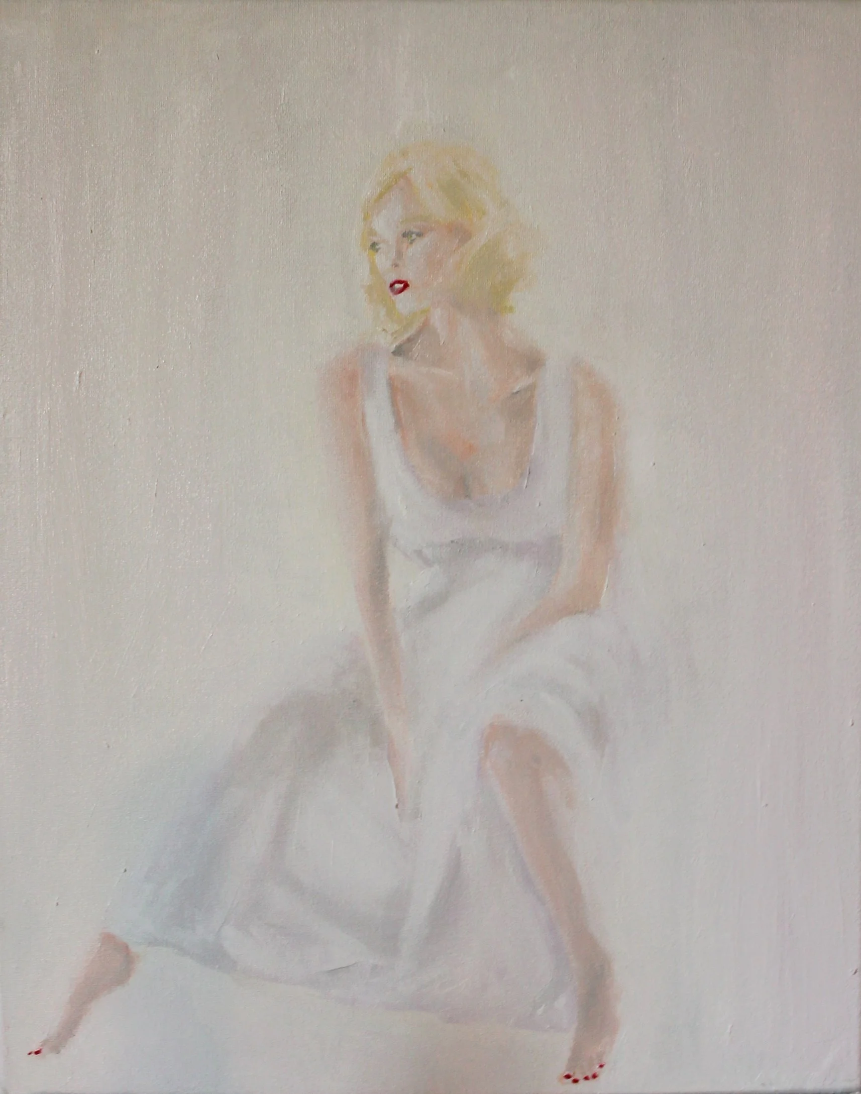 Painting of a woman with blonde hair, sitting on the floor with her legs spread apart, wearing a white dress.