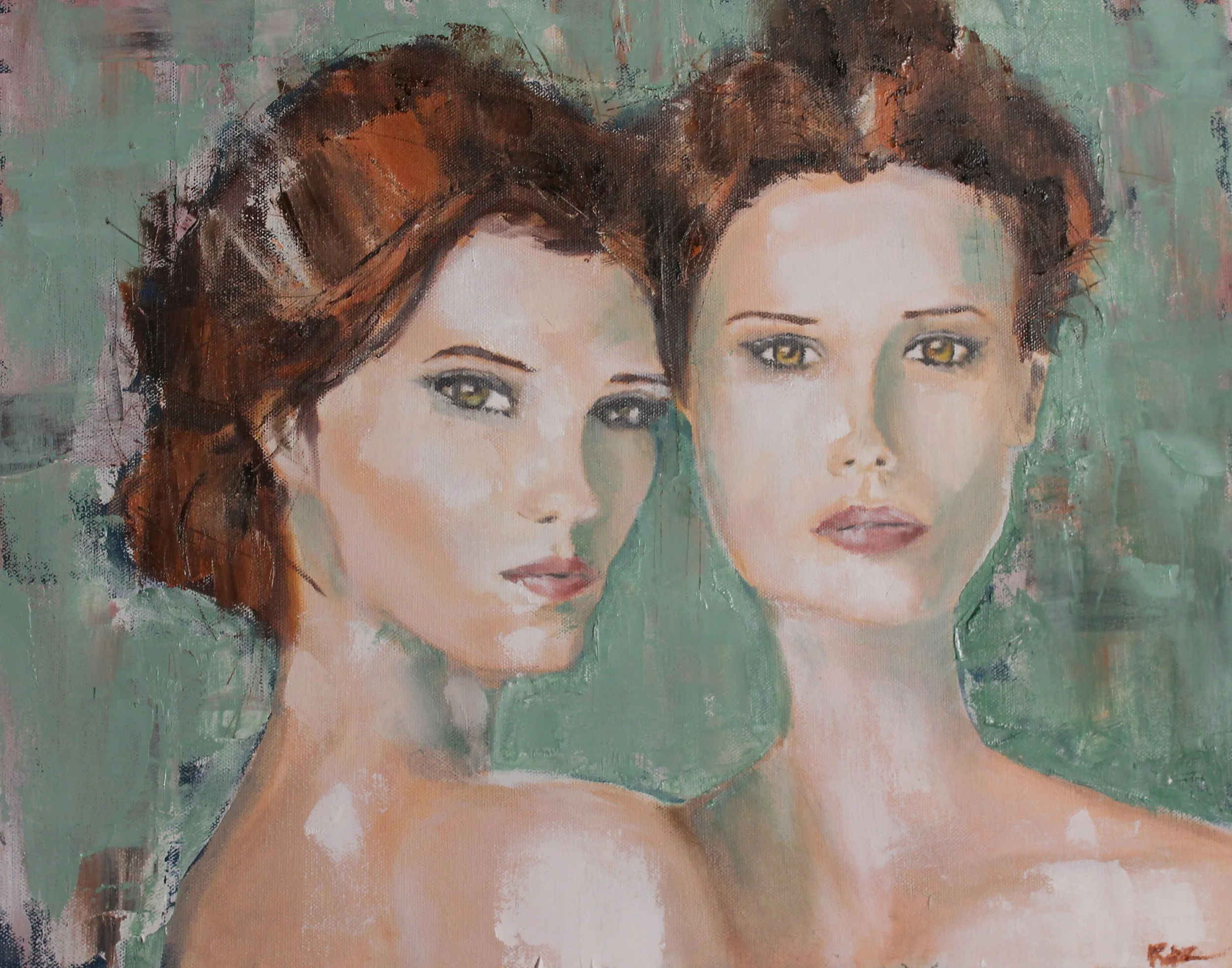 Painting of two women with short brown hair, green eyes, and neutral makeup, set against a textured green background.