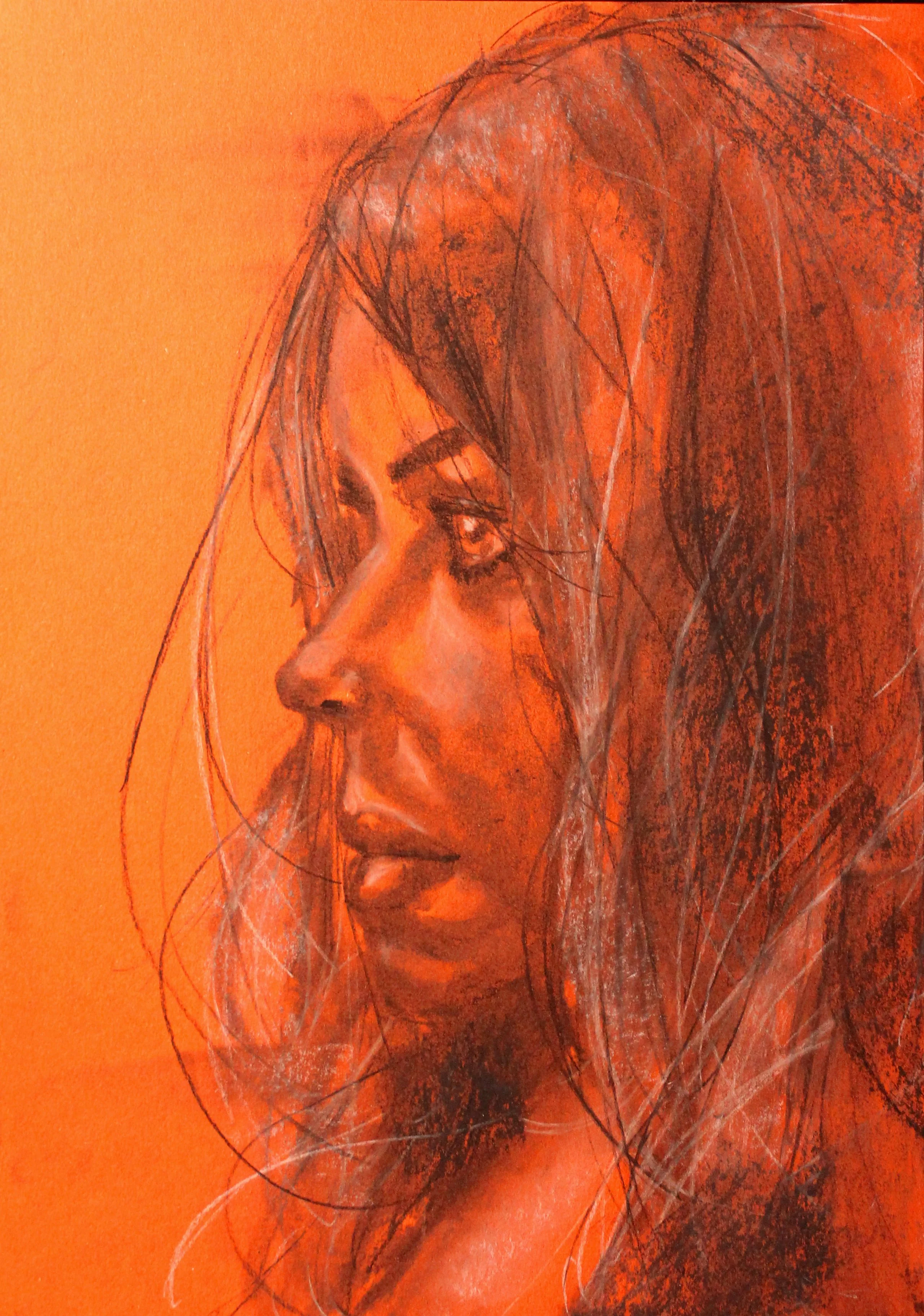 An orange-toned portrait of a woman with long flowing hair, depicted in a realistic drawing style.