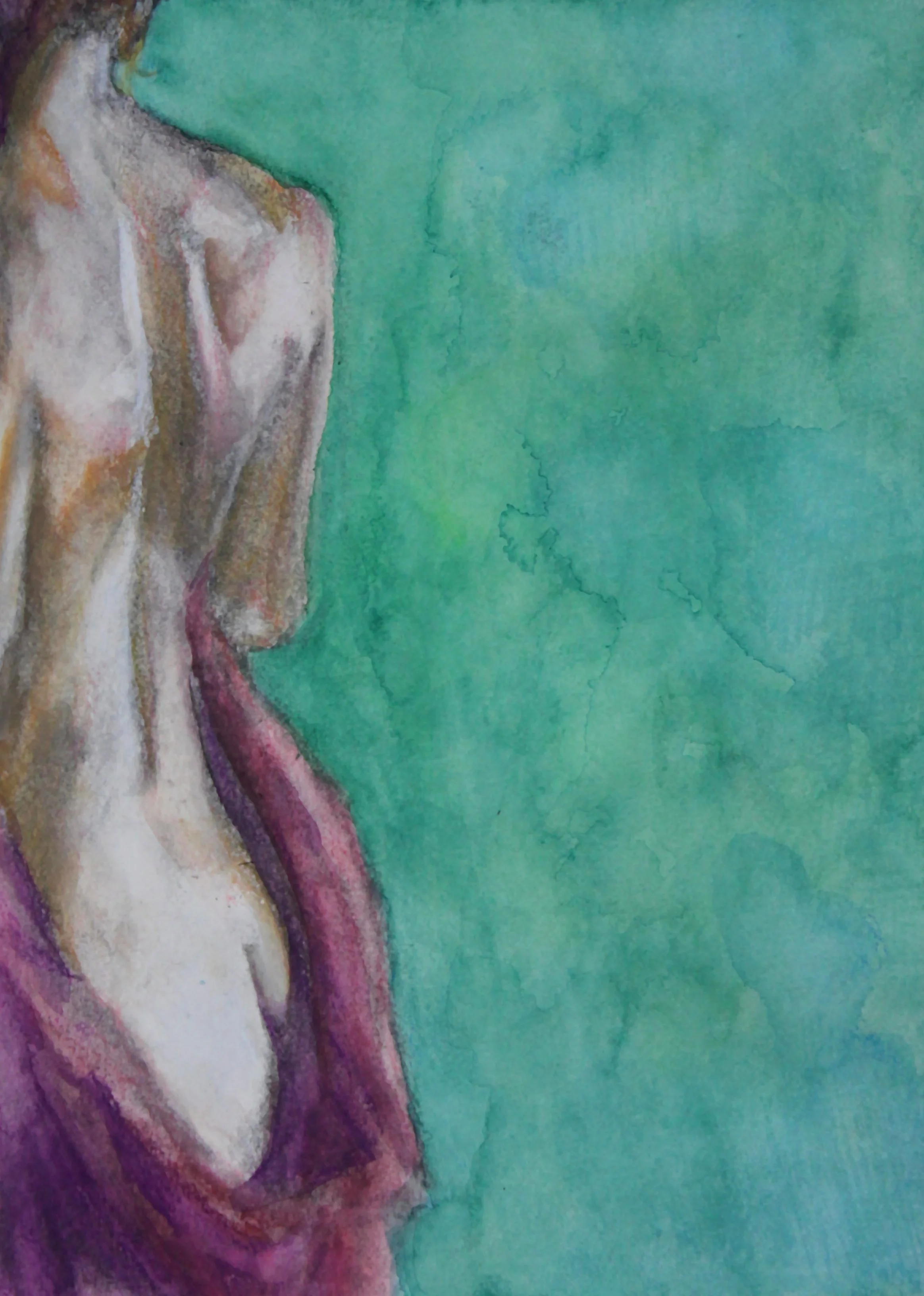 A watercolor painting of a woman’s upper body, facing slightly to the left, with a green background.