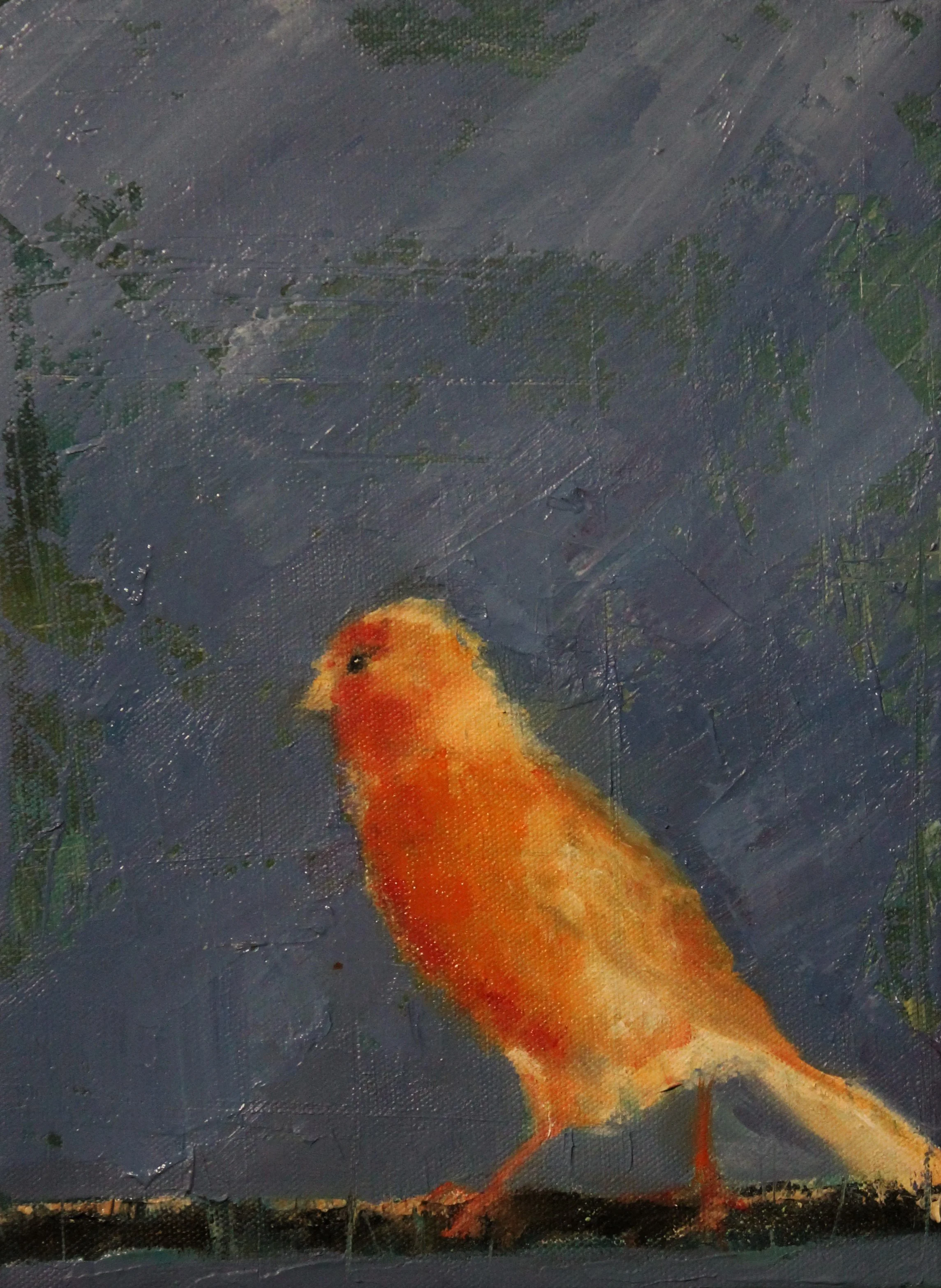 Painting of a small orange bird standing on a branch, with a dark blue background and some green foliage.