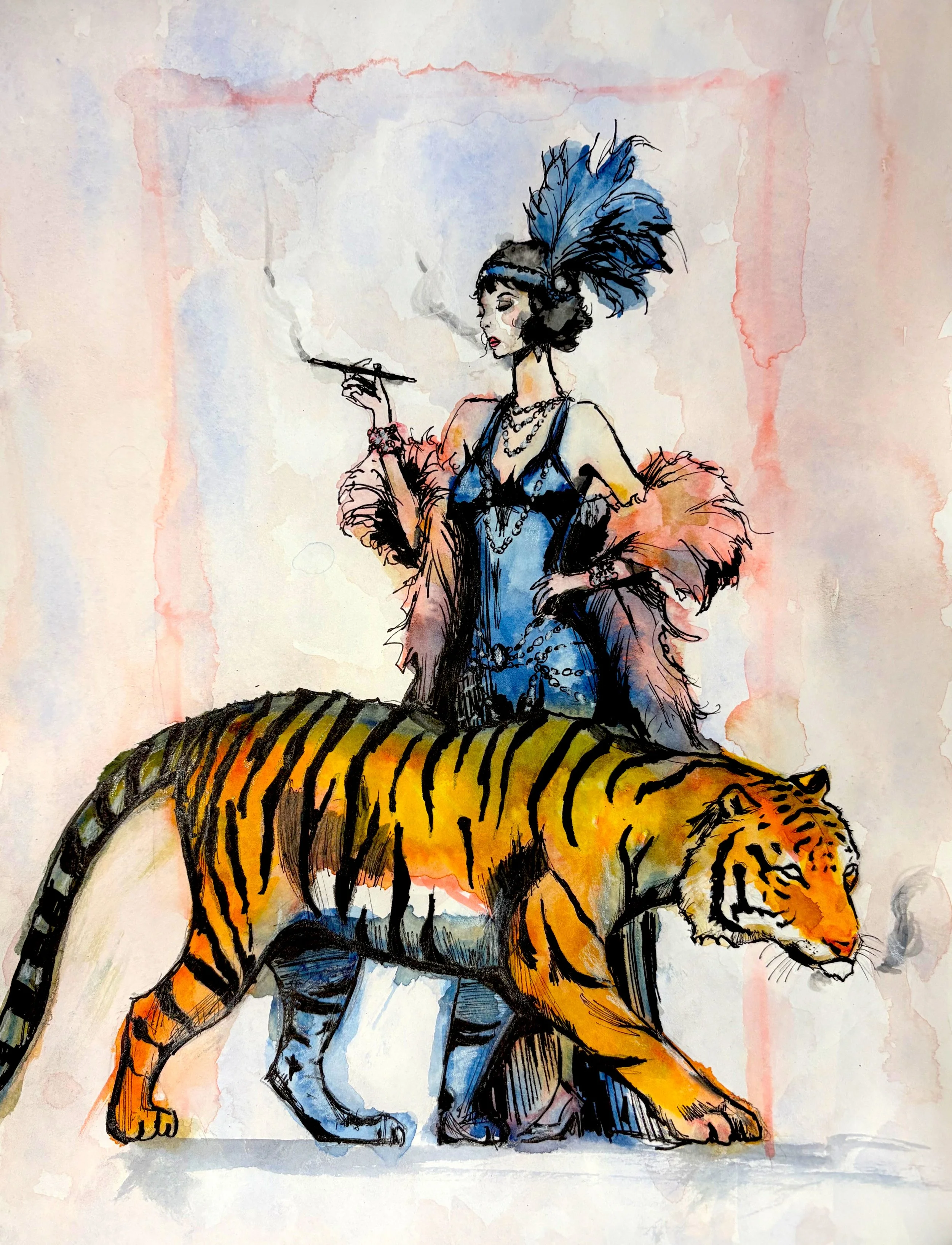 A watercolor illustration of a woman in 1920s flapper attire with a feathered headband, jewelry, and a fur stole, standing on a large tiger with orange and black stripes.