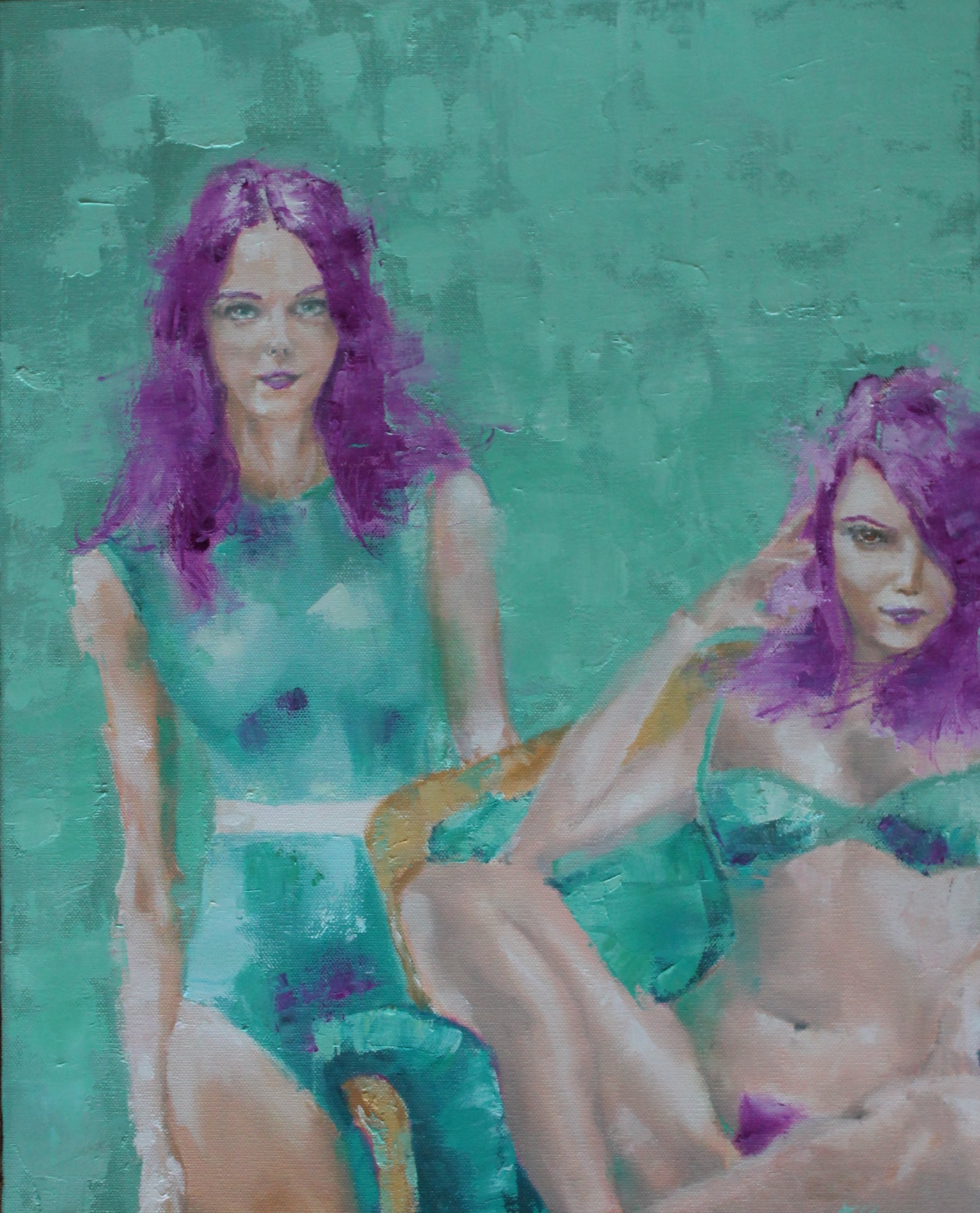 A painting of two women with purple hair, one standing and one sitting, both in swimsuits, against a green textured background.