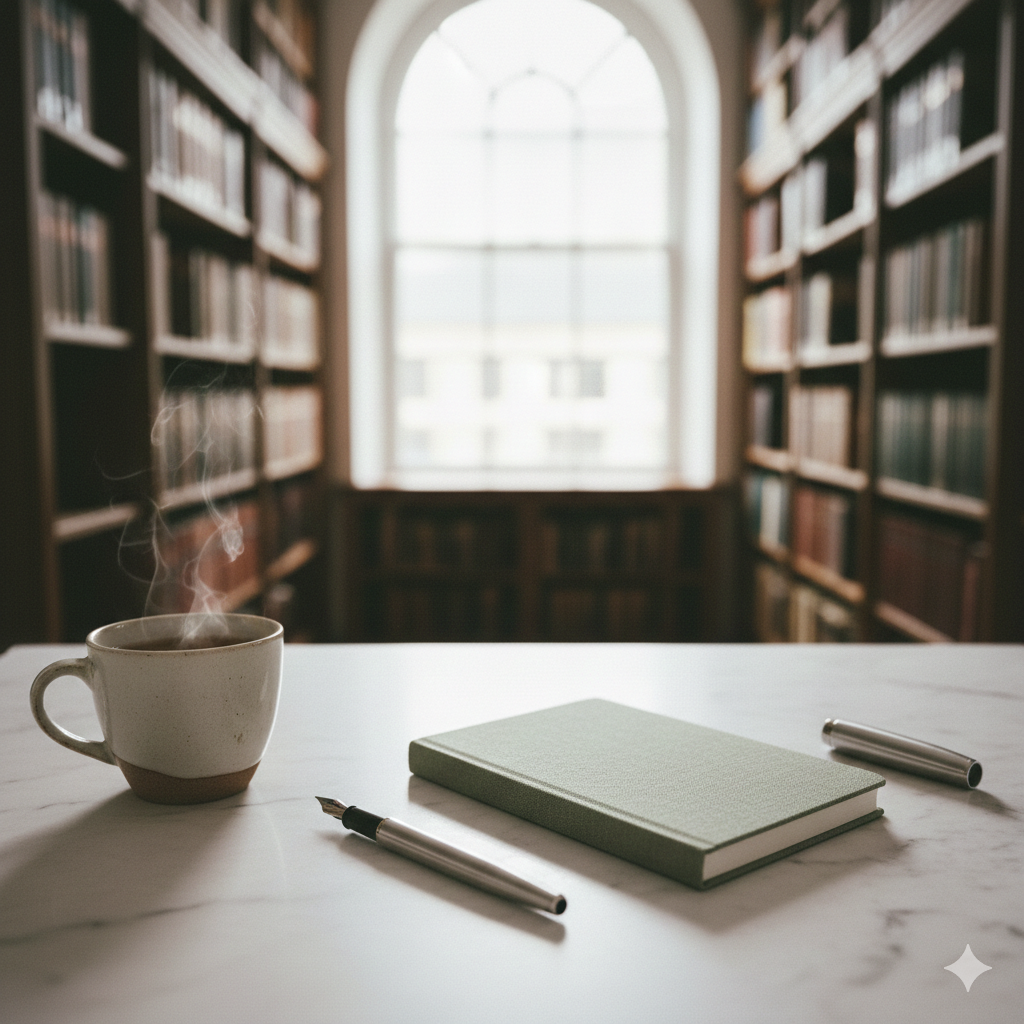 A white steaming coffee cup, a closed light green notebook, and a silver pen on a white marble table in a library with tall wooden bookshelves and arched window in the background.