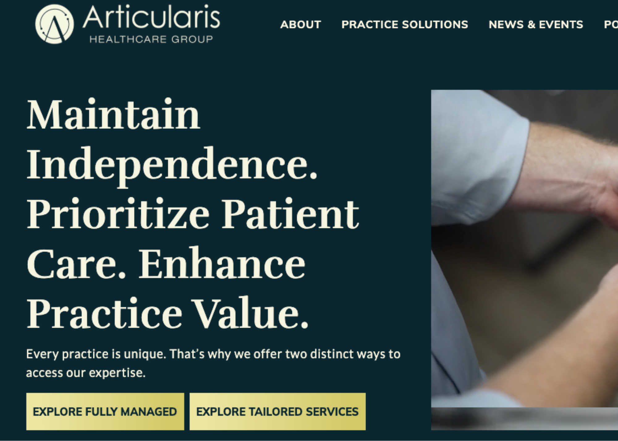 Articularis Healthcare Group homepage: Maintain Independence. Prioritize Patient Care. Enhance Practice Value.