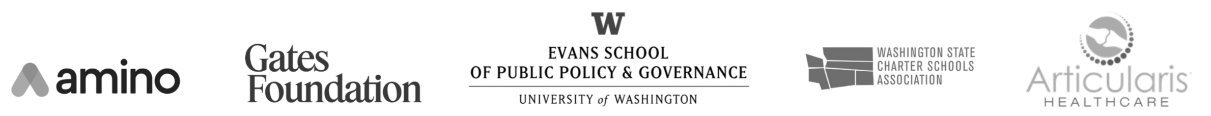 Logos of five organizations: Amino, Gates Foundation, Evans School of Public Policy & Governance at the University of Washington, Washington State Charter Schools Association, and Articularis Healthcare.