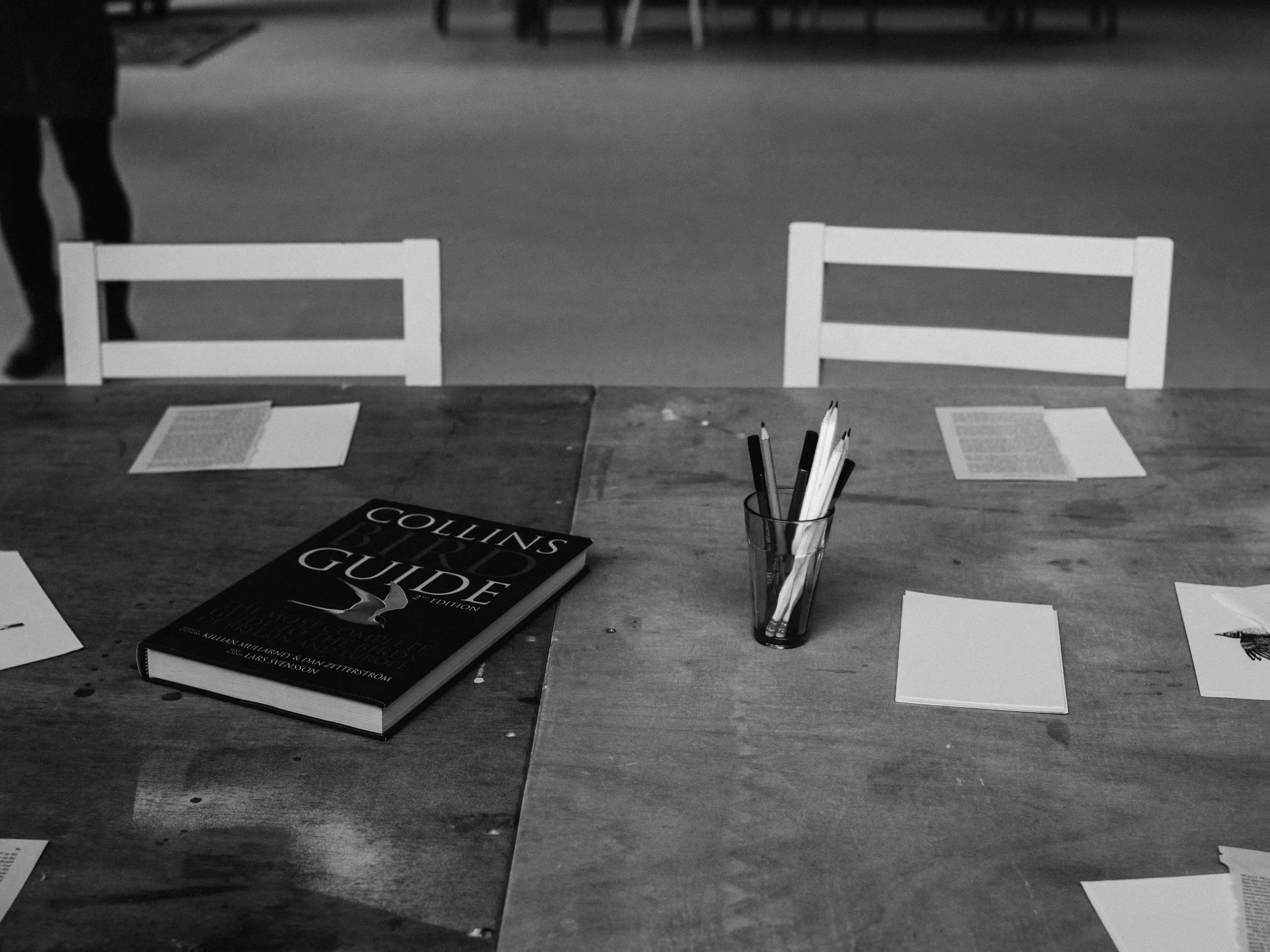 A wooden table with a thick book titled 'Collins Guide' placed on it, along with a glass containing pens and pencils. There are several sheets of paper and open booklets scattered on the table, with two chairs and a person partially visible in the background.
