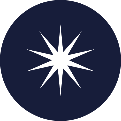 A white star with multiple rays on a navy blue circular background.