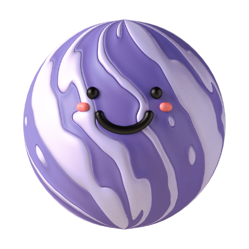 A cute, round, purple and white marbled ball with a smiling face, rosy cheeks, and two black eyes.