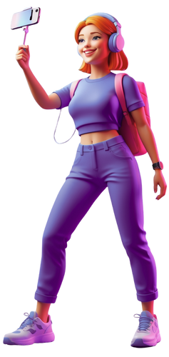 A young woman with red hair, wearing a purple crop top and pants, pink headphones, and sneakers, taking a selfie with her smartphone.