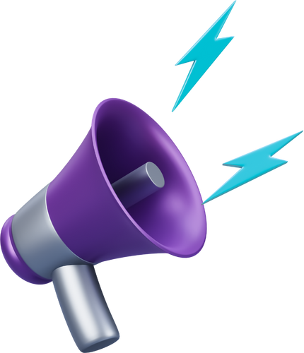 A purple megaphone emitting blue lightning bolts and sound waves.