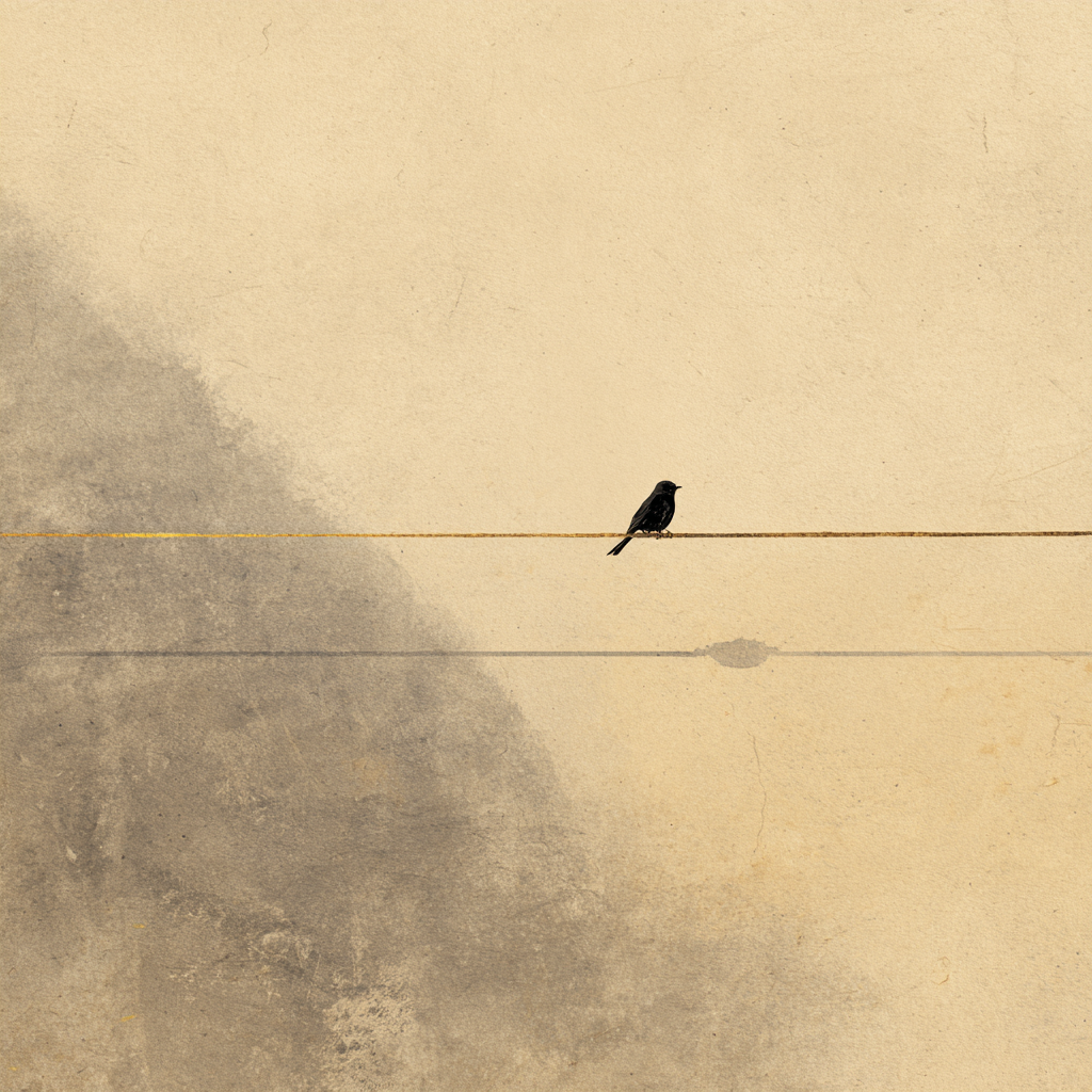 A small black bird perched on a thin wire against a textured beige background with faint dark cloud at the bottom left.