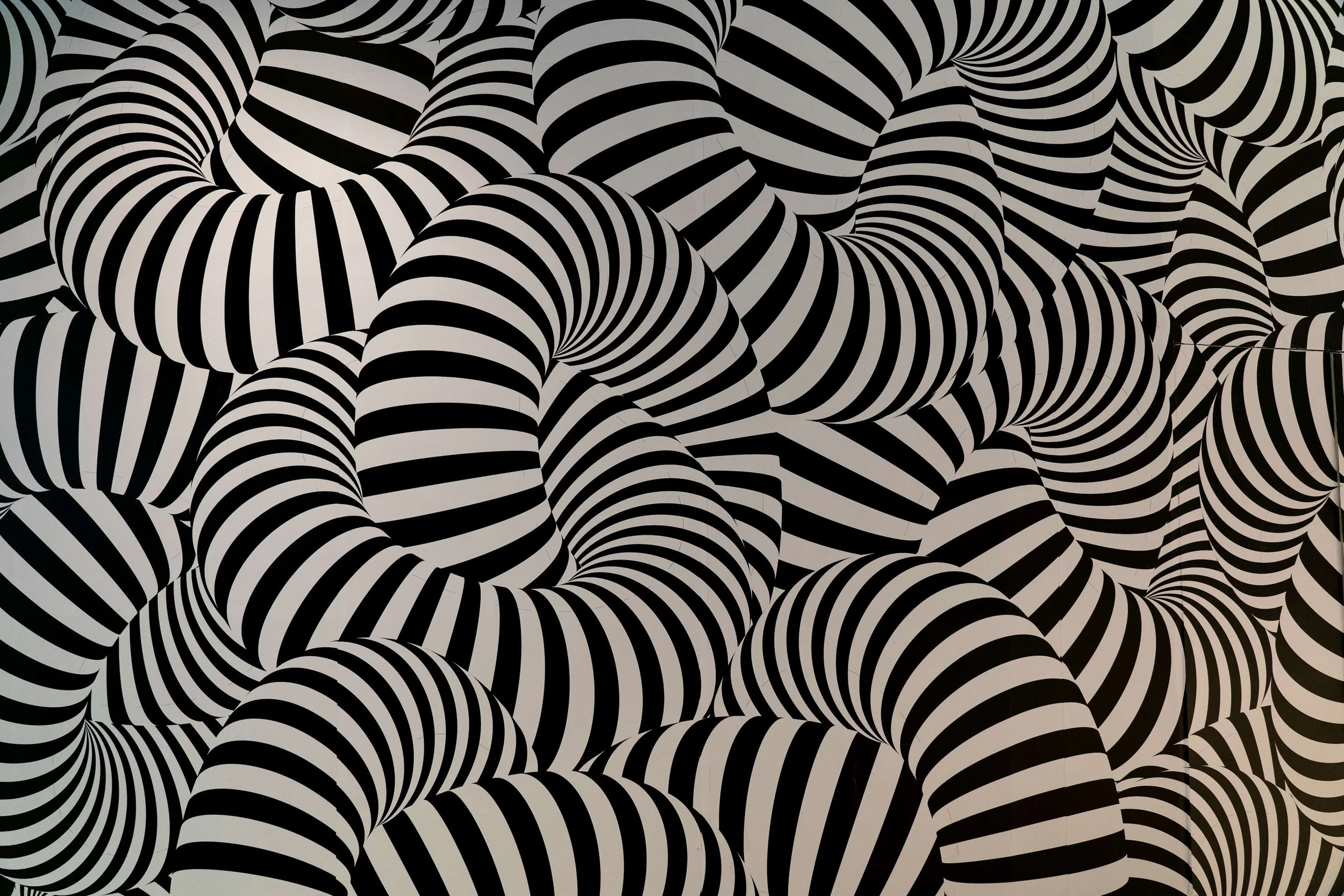 Optical illusion art with black and white swirling wavy lines creating a tunnel-like pattern.