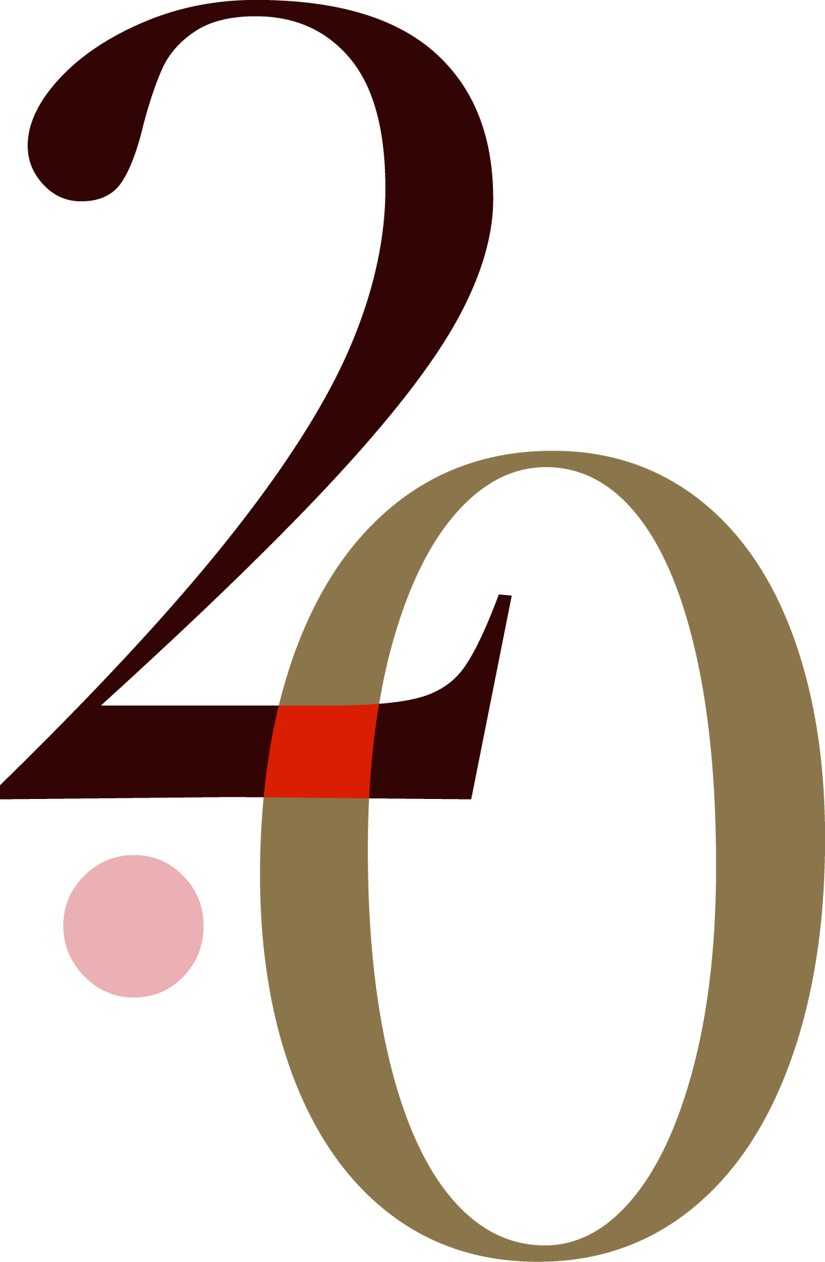 Close-up of the number 20 in red and gold colors on a black background with pink and light pink circles.