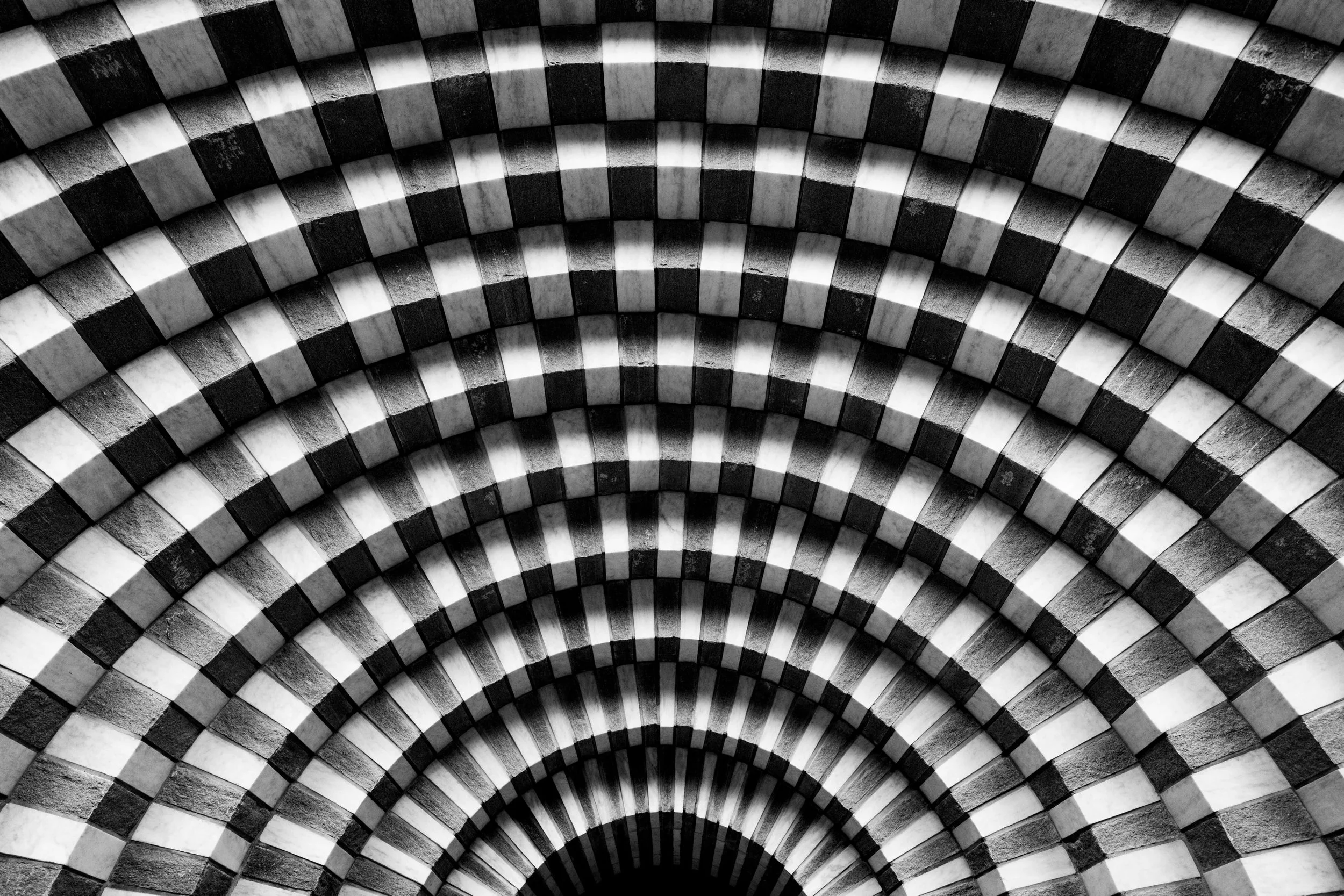 A black-and-white photo of a checkered, curved architectural ceiling with alternating light and dark tiles.