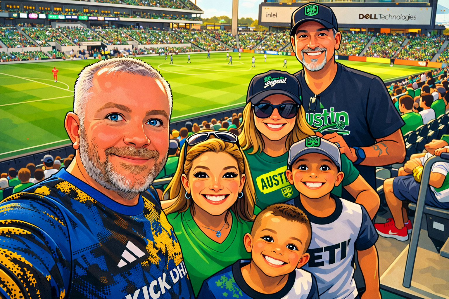 A digital illustration of a family at a soccer stadium taking a selfie. The family consists of a man with gray hair and beard in a blue sports jersey, a woman with blonde hair and sunglasses wearing a green shirt, a young boy with short hair in a white and navy shirt, a girl with blonde hair wearing sunglasses and a green shirt with 'AUSTIN' written on it, and a younger boy with short hair and a gray cap. The background features a soccer field with players, a crowd of spectators, and stadium banners.