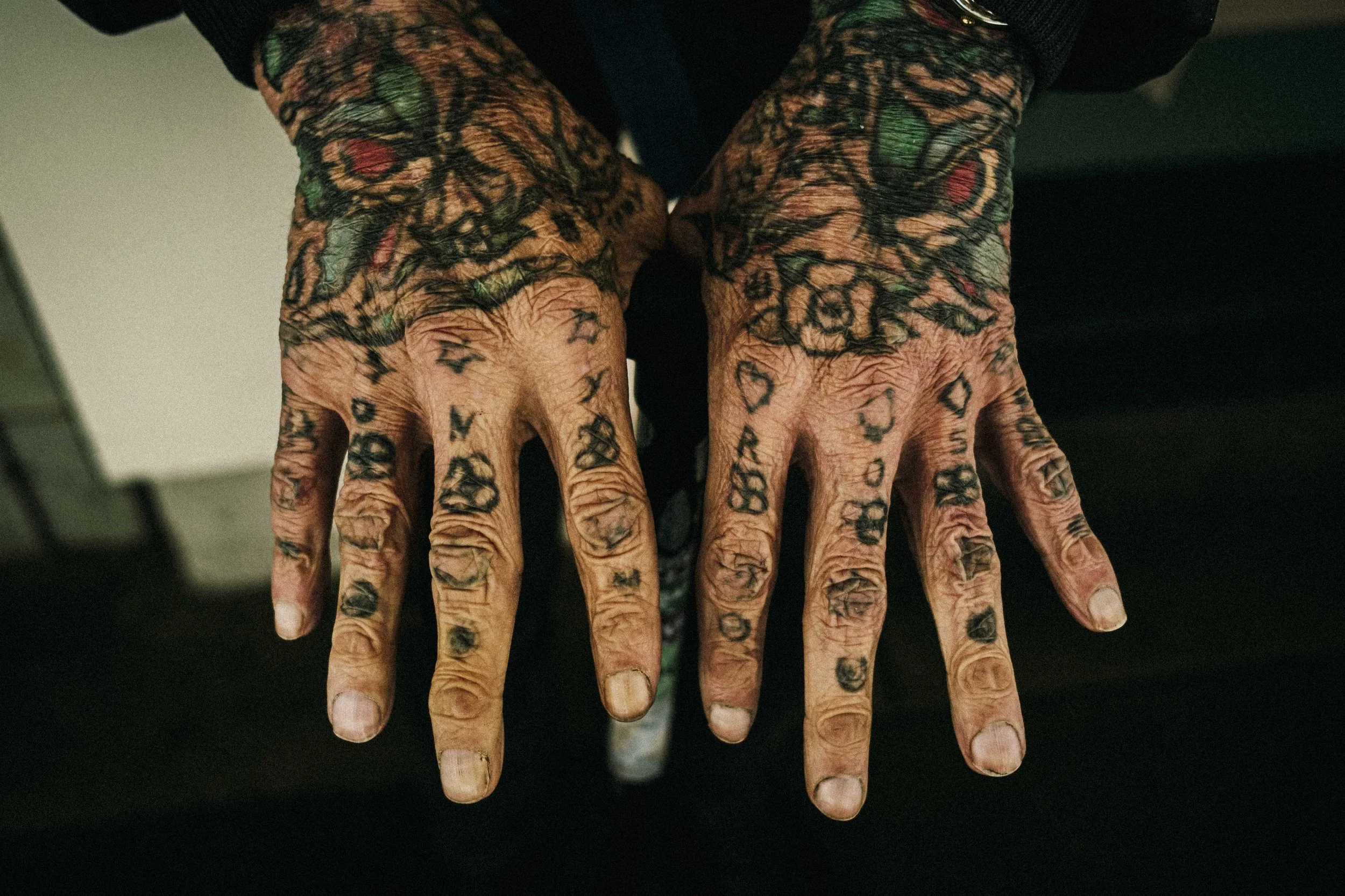 Close-up of two tattooed hands with fingers extended, showing detailed tattoos on fingers and arms.