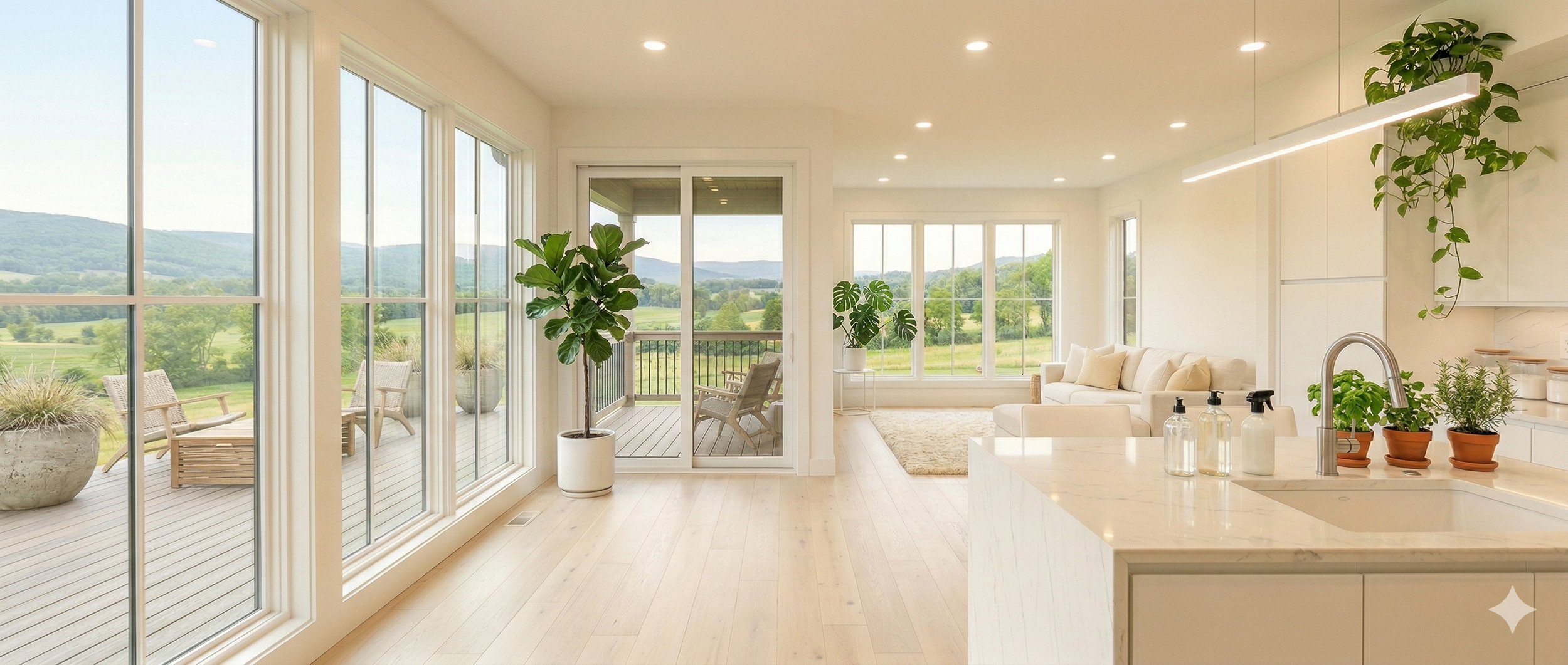 Bright open-concept living room and kitchen with large windows showing green fields and mountains, white furniture, potted plants, and a small outdoor balcony.