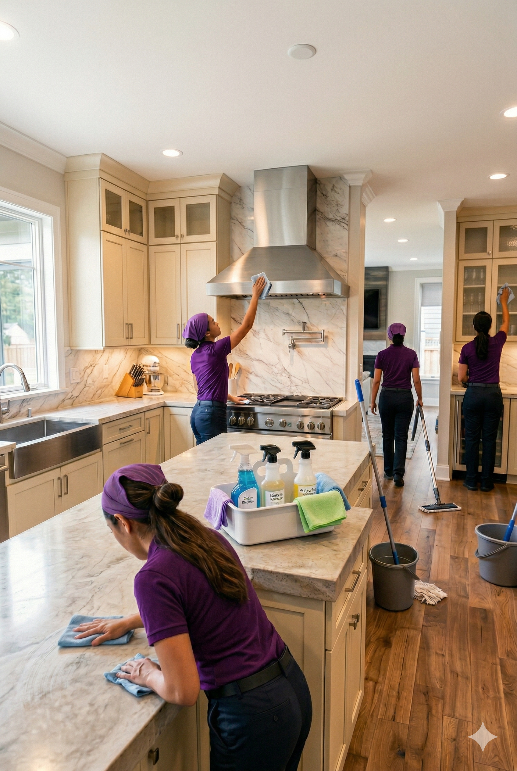 Cleaning crew of four women in purple uniforms and headscarves cleaning a spacious, modern kitchen with marble countertops and a stainless steel range hood.