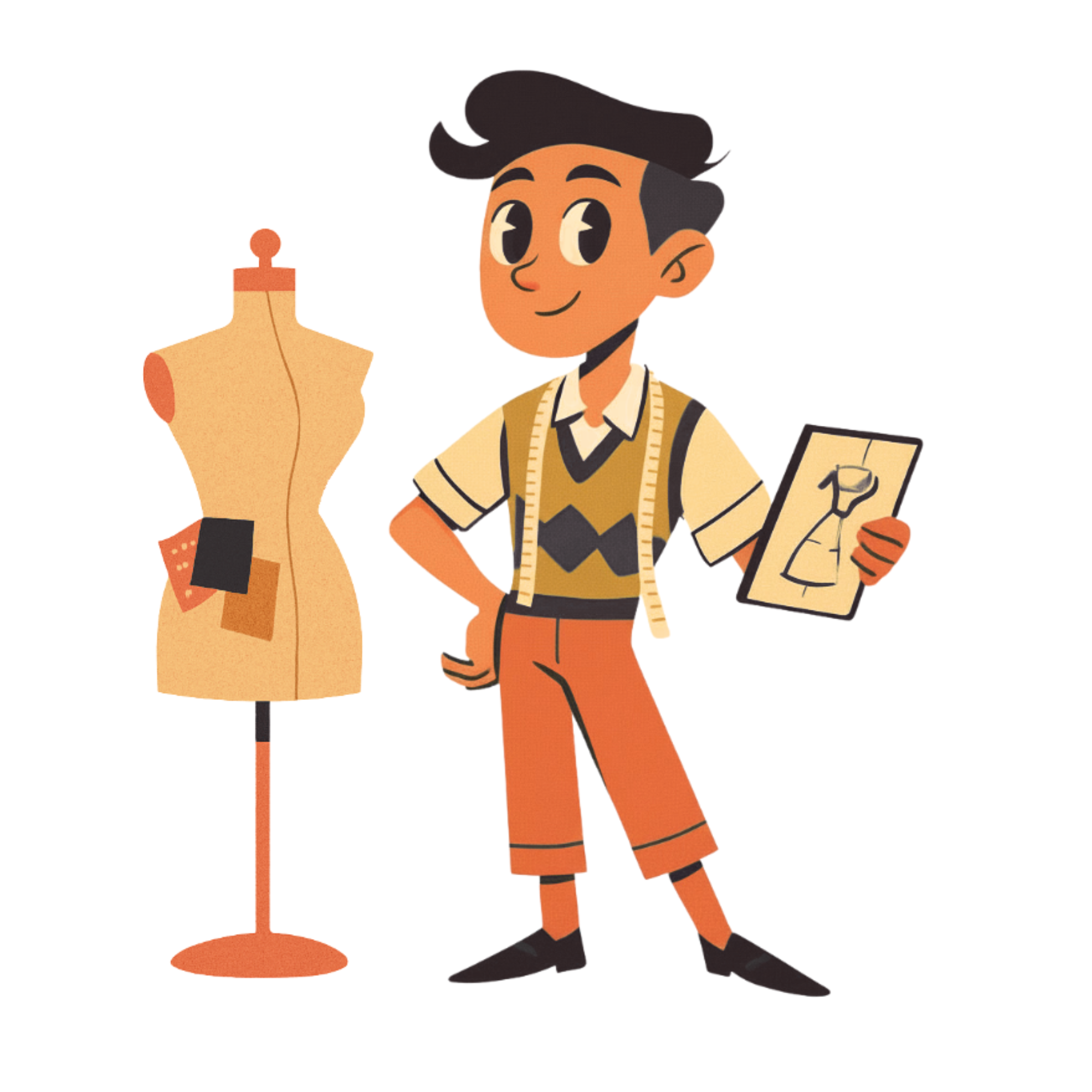 An animated character of a young male fashion designer holding a sketch of a dress, standing next to a dress form with fabric swatches.