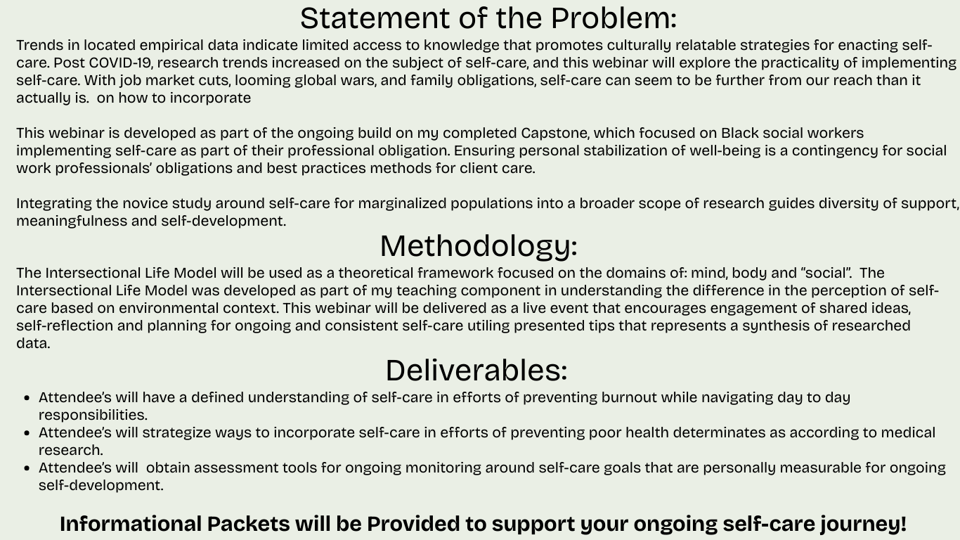 Screenshot of a presentation slide titled 'Statement of the Problem,' 'Methodology,' and 'Deliverables,' discussing self-care strategies, research, and assessment tools for preventing burnout and promoting well-being.