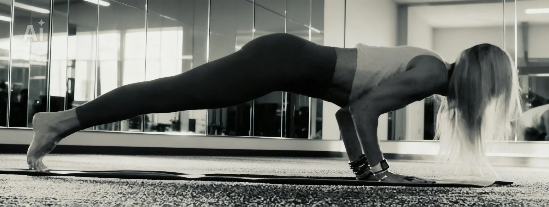 A woman doing a plank exercise on a yoga mat in a gym with mirrored walls.