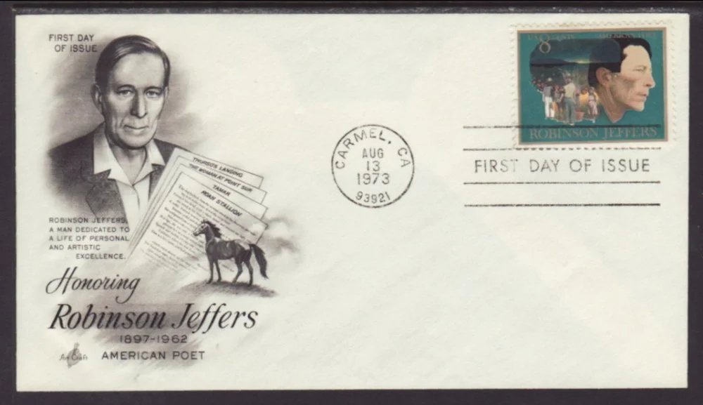 Commemorative envelope honoring Robinson Jeffers, an American poet, featuring a portrait of him, a horse, and a list of his works. Postmarked August 13, 1973, from Carmel, California, with a 1973 postage stamp depicting Jeffers.